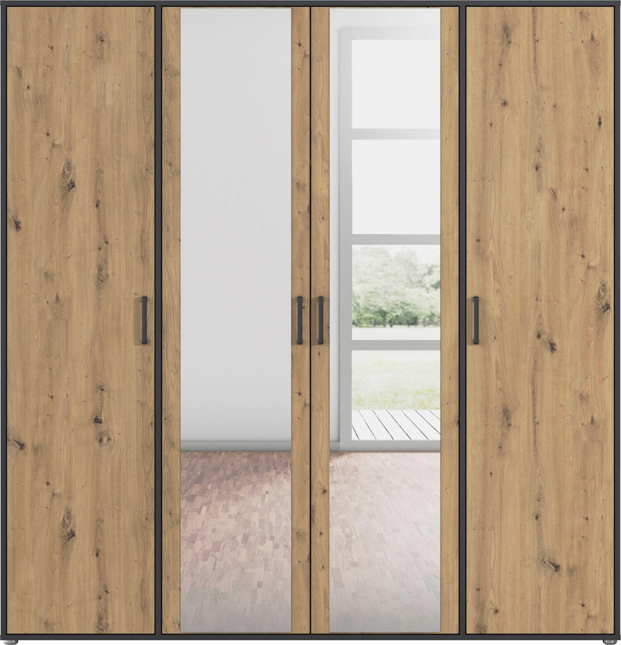 rauch Drehtürenschrank »Kleiderschrank Schrank Garderobe Wäscheschrank VOYAGER«, (in 3 verschiedenen Ausstattungen BASIC/CLASSIC/PREMIUM), mit modernen Griffen in Graumetallic und Spiegel