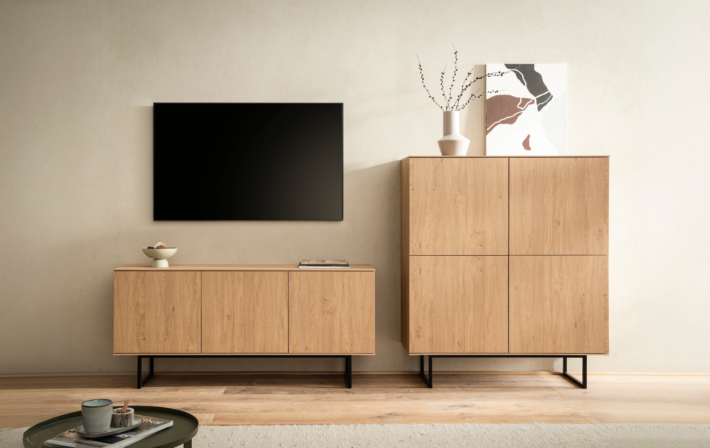 Home affaire Wohnwand »Lund, moderne Anbauwand, Wohnzimmer-Set in Stone Oak günstig online kaufen