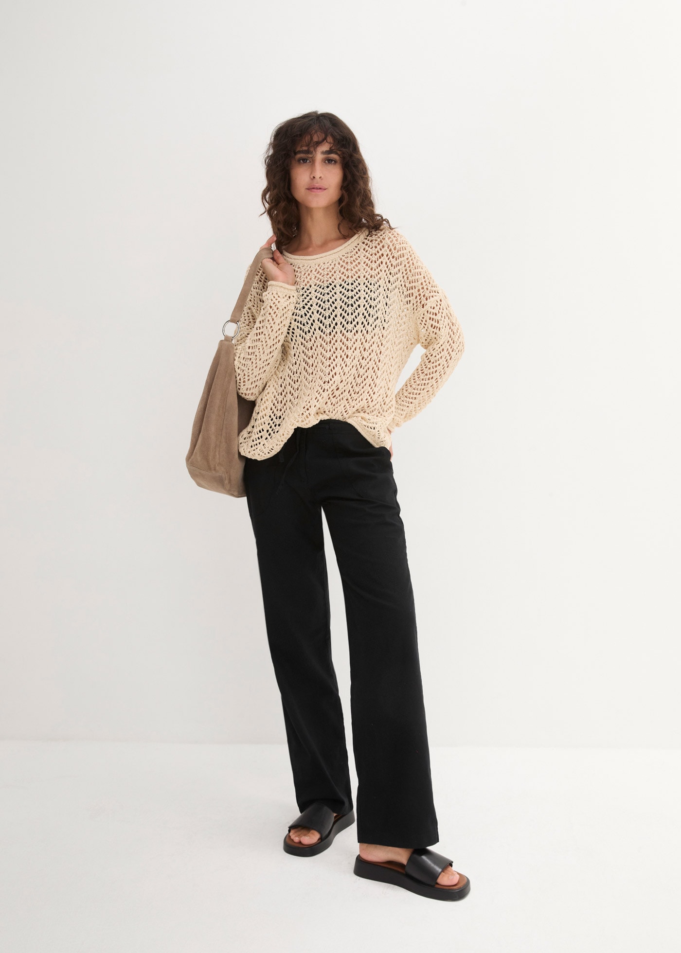 bonprix Leinenhose  Loose Fit, mit Kordelzugbund, mit Eingrifftaschen, mit Gesäßtaschen
