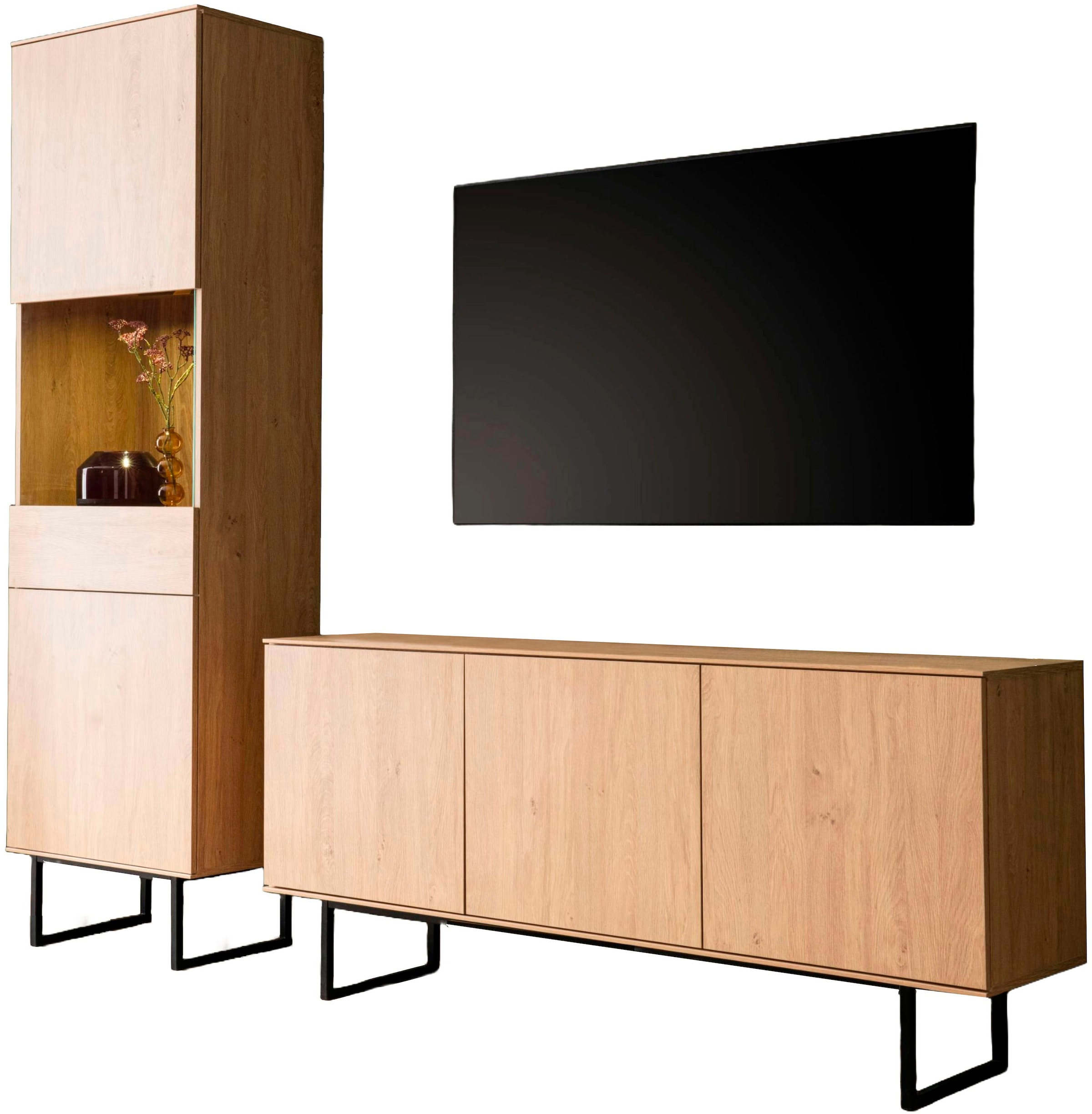 Home affaire Wohnwand »Lund, moderne Anbauwand, Wohnzimmer-Set in Stone Oak«, (2 St.), enthält Vitrine und Lowboard