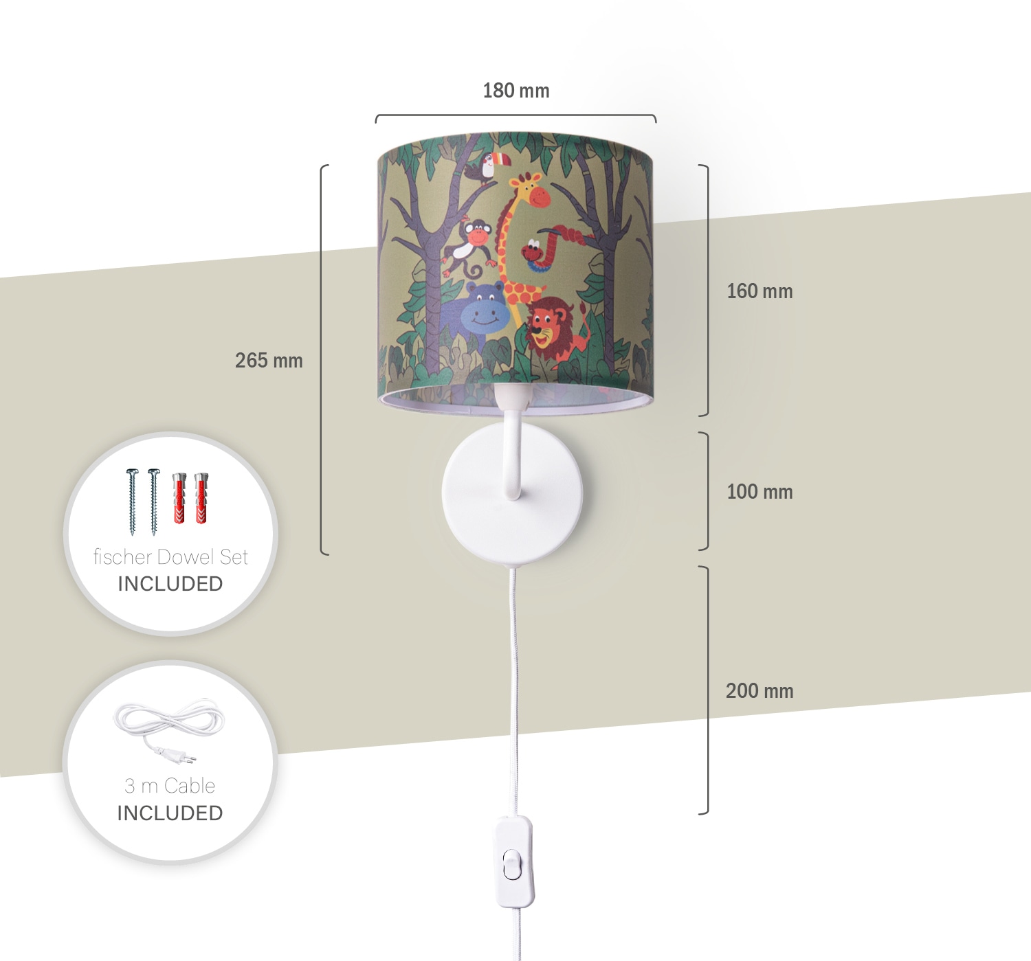 Paco Home Wandleuchte »Diamond 638«, 1 flammig, Leuchtmittel E14 | ohne Leuchtmittel, Lampe Kinderzimmer  âˆ…18cm Dschungel Tier-Motiv Kabel 3m E14