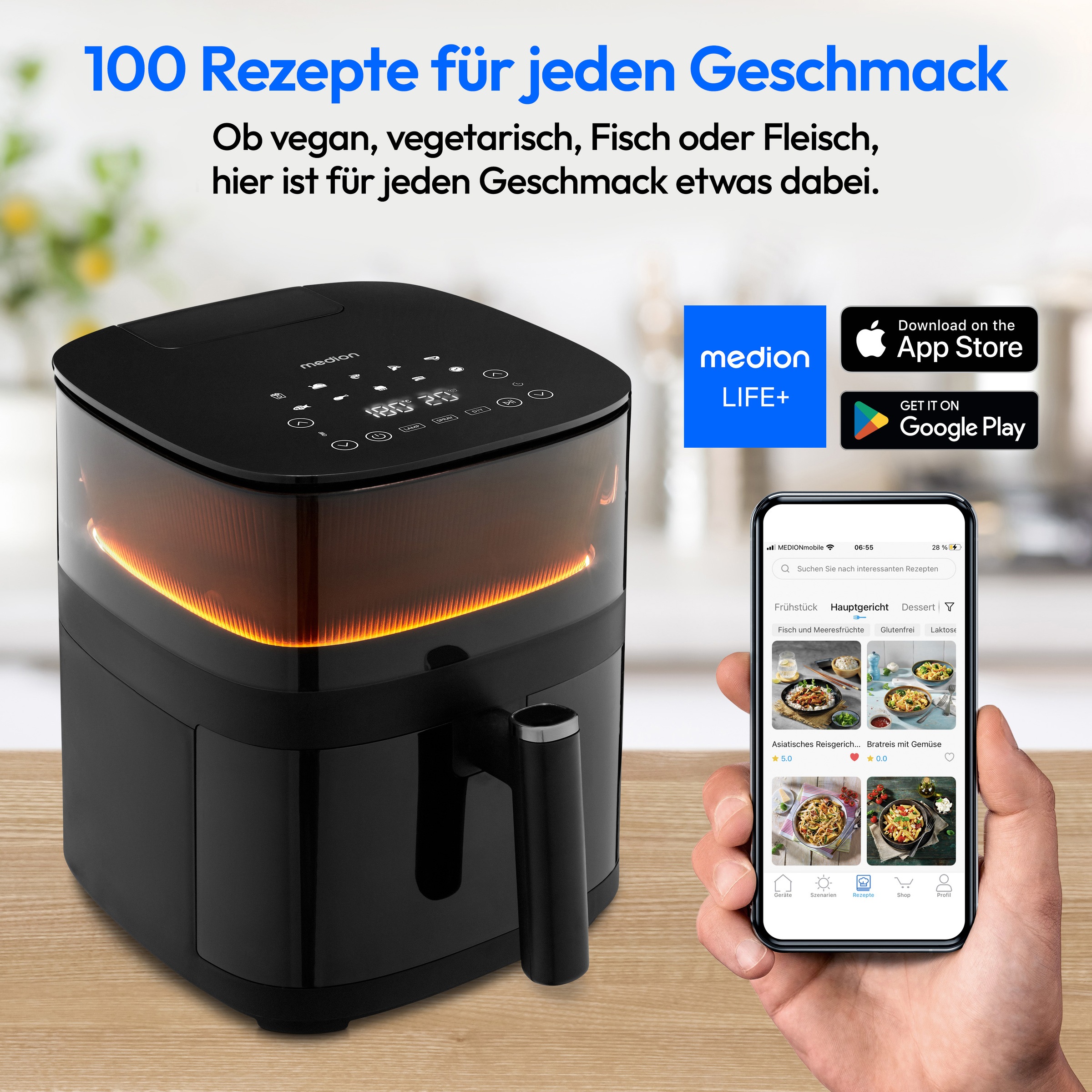 Medion® Heißluftfritteuse »X10 XL (MD 11780), 5 L, 10 Automatikprogramme, Wassersprayfunktion«, 1500 W, Temperatur einstellbar 80 - 230 °C, ILAG Beschichtung, Timer