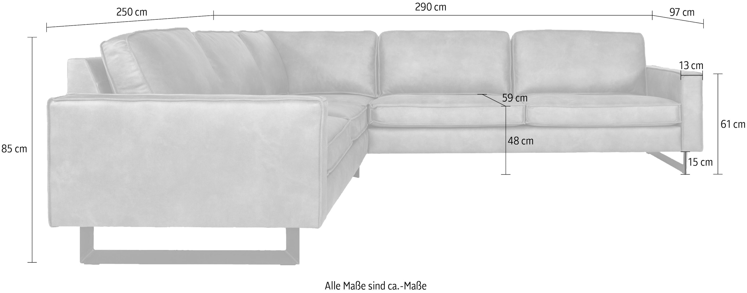 Places of Style Ecksofa »Pinto, XXL, 250/290 cm, langer Schenkel, Ottomane«, Cord, Chenille, Lederoptik, mit Keder, Metallfüße, Wellenunterfederung