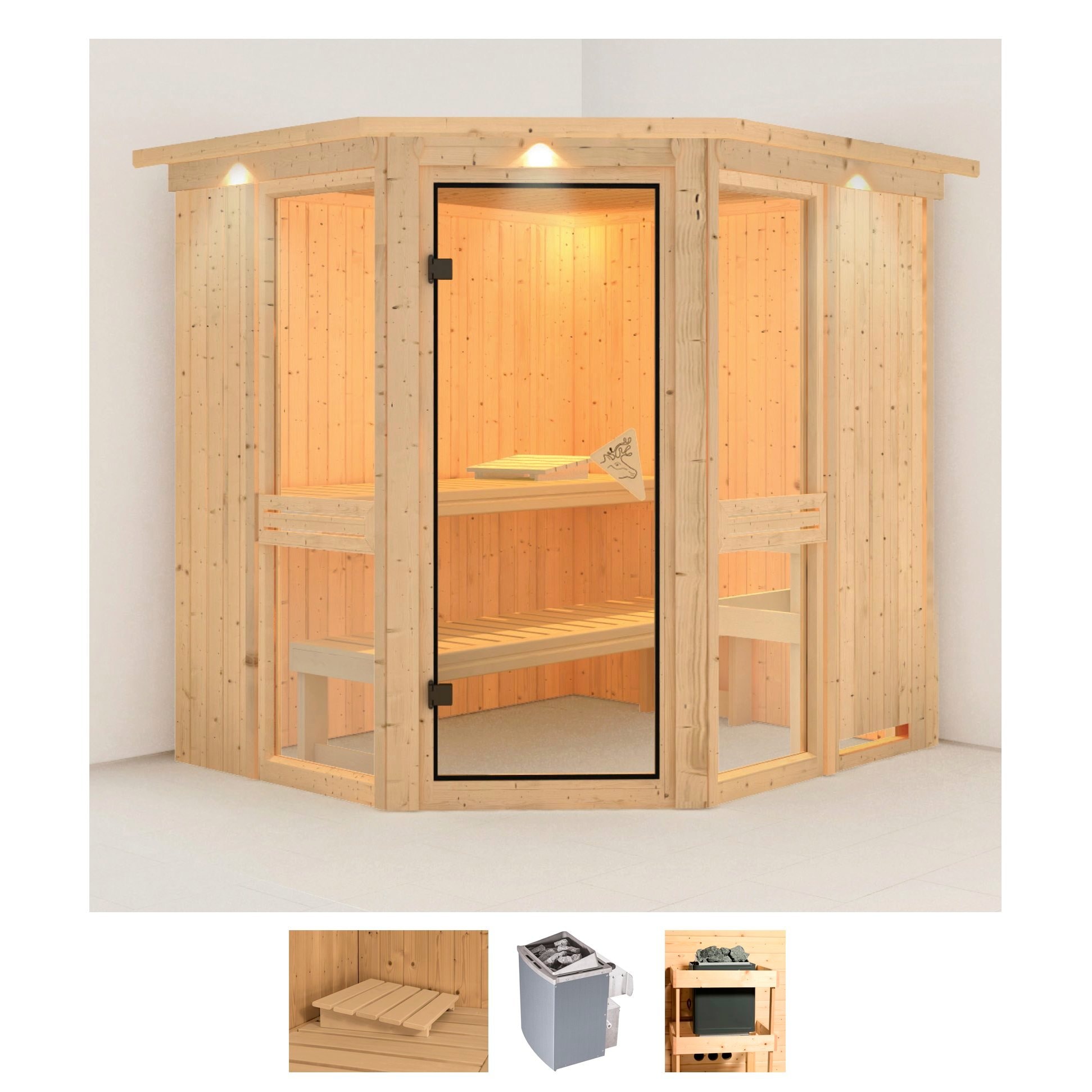 Karibu Sauna „Aline 1“, (Set), 9-kW-Ofen mit integrierter Steuerung naturbelassen