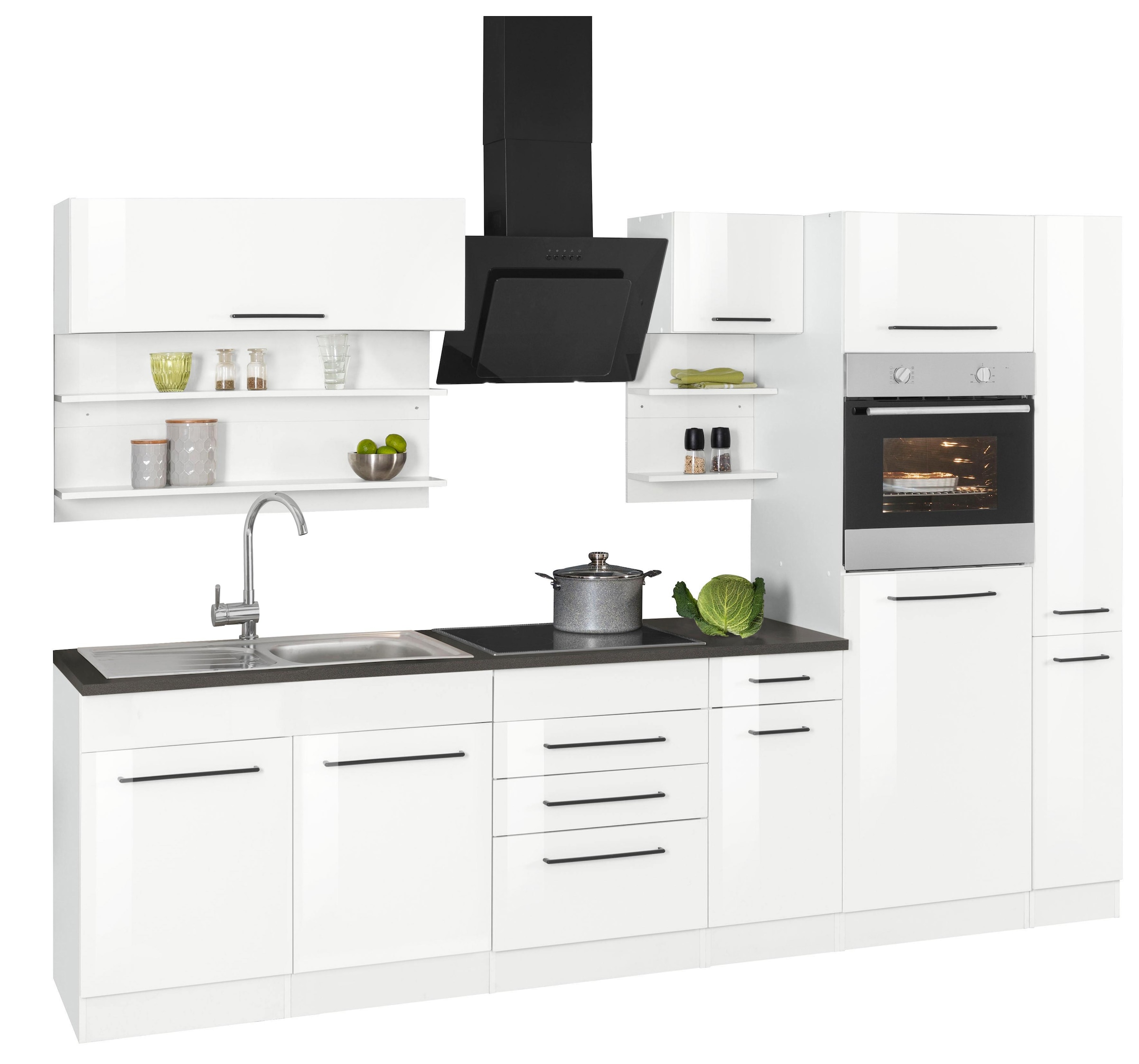 KOCHSTATION Küchenzeile »KS-Tulsa« ohne E-Geräte, Breite 300 cm, schwarze Metallgriffe, MDF Fronten