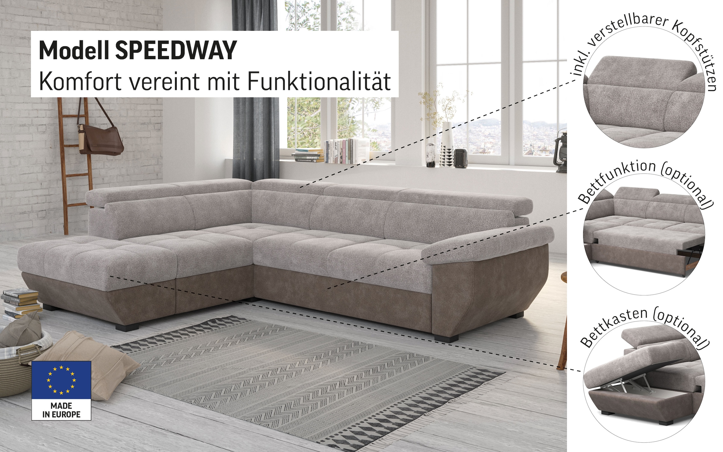 COTTA Ecksofa »Speedway L-Form«, mit Kopfteilverstellung, wahlweise mit Bettfunktion & Bettkasten