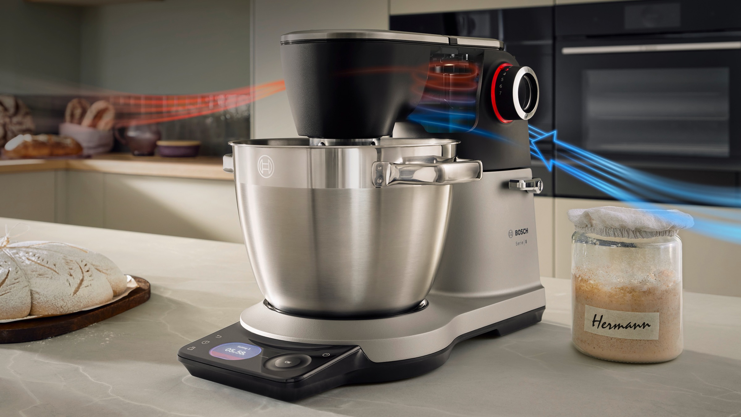 BOSCH Küchenmaschine »Serie 8, 9 Automatikprogramme, integrierte Waage, Timer, 6l Schüssel« Edelstahlschüssel, 3 Rührwerkzeuge spülmaschinenfest, 7 Stufen, 1800 W