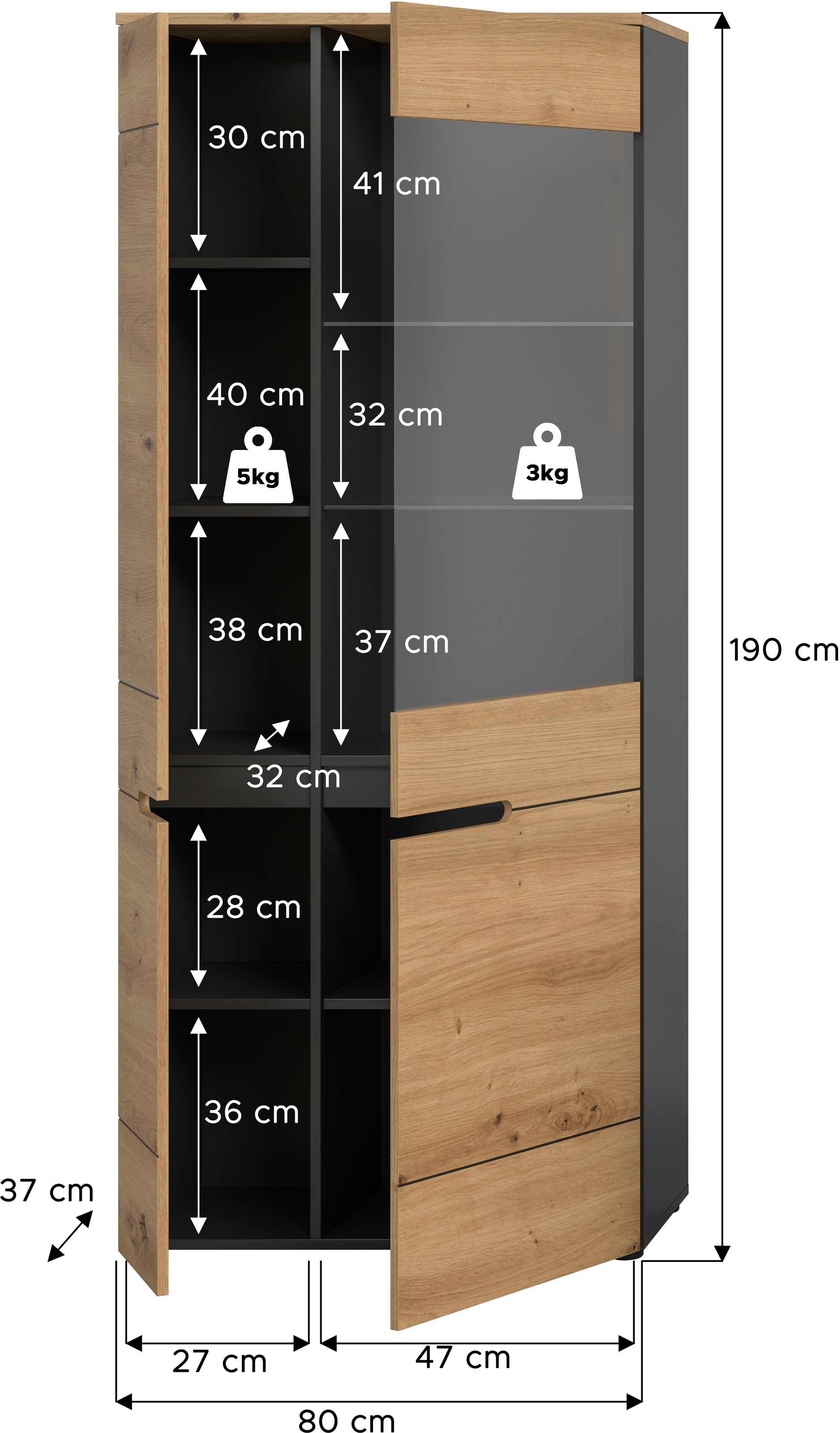 INOSIGN Vitrine »REHAT, TOPSELLER!, Höhe: 190cm, 2 Türen, 4 Einlegeböden, 2 Glasböden«, (1 St.), Vitrinenschrank, Schrank, Glasvitrine, Wohnzimmervitrine