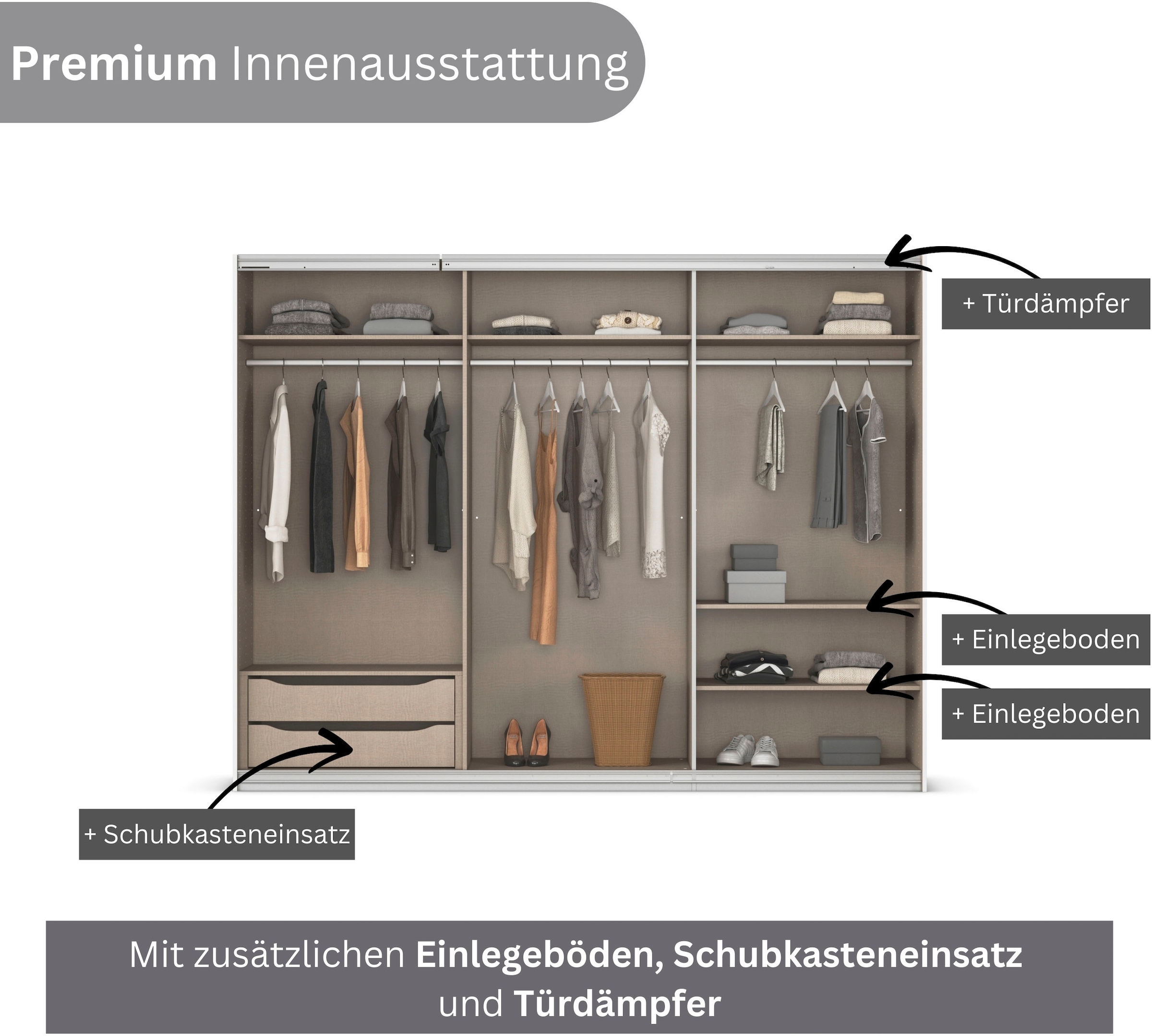 INOSIGN BY RAUCH Schwebetürenschrank »Kleiderschrank Schrank Garderobe Schlafzimmerschrank THANOS«, (in 3 verschiedenen Ausstattungen BASIC/CLASSIC/PREMIUM), Optional mit Spiegel, Metall-Griffleisten alufarben MADE IN GERMANY