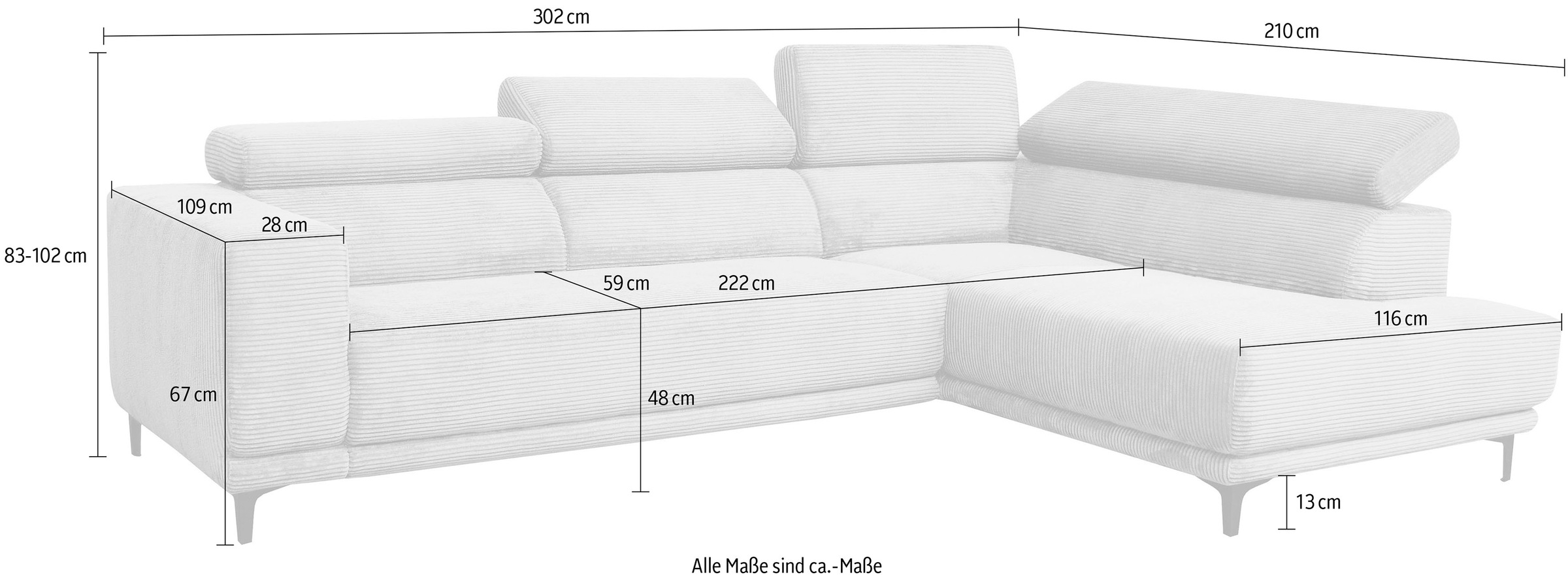 alina Ecksofa »Hikari«, wahlweise mit Sitzvorzug, in modernem Cordstoff, Breite 302 cm