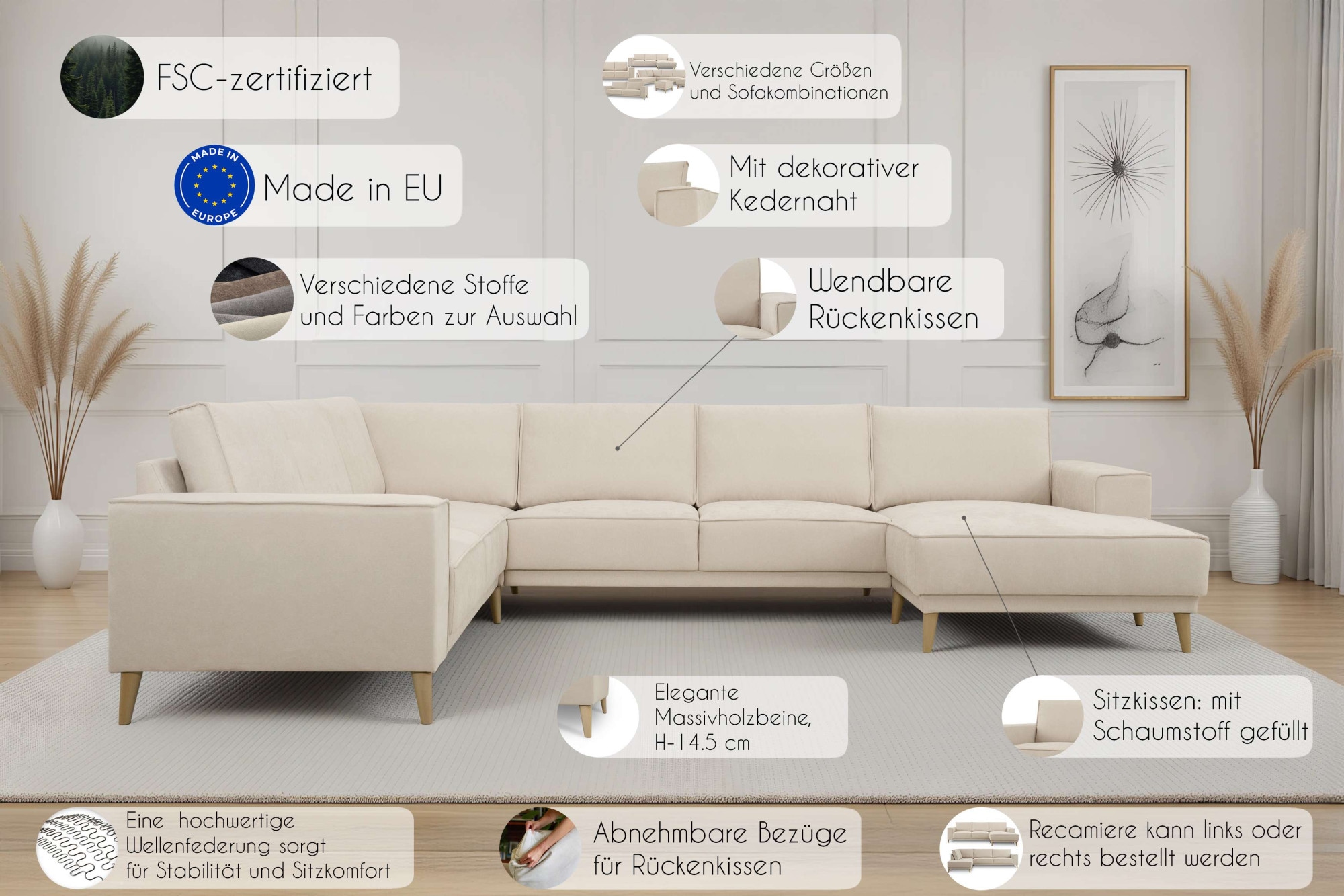 OTTO home Wohnlandschaft »Oland Skandi, weicher Chenille-Stoff« U-Form, 342 cm, Wellenunterfederung, Skandi-Design, Massivholzfüße