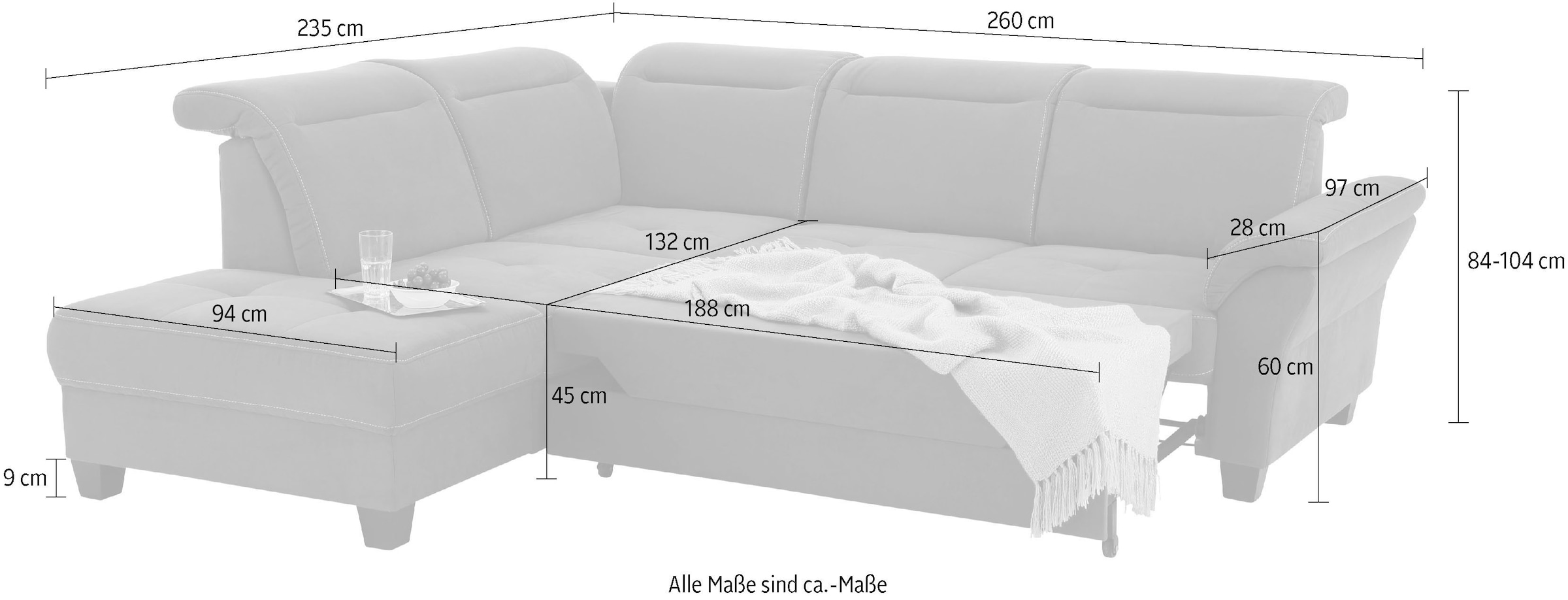Home affaire Ecksofa »Solvei L-Form«, wahlweise auch mit Kopfteilverstellung und Bettfunktion, Federkern
