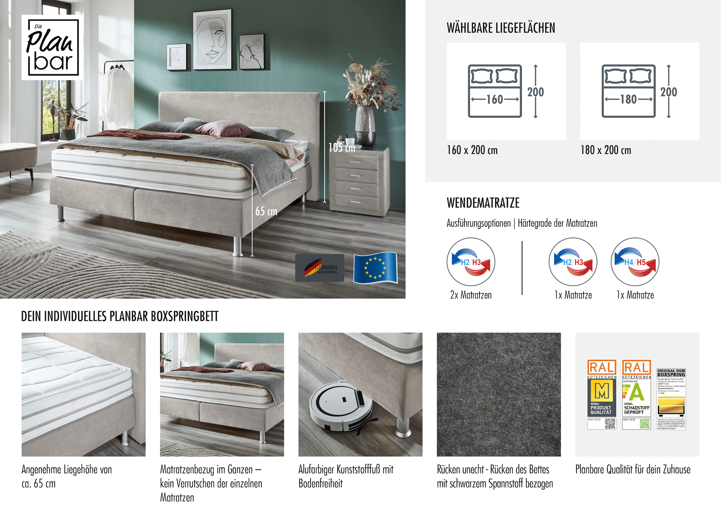 Die PlanBar Boxspringbett »OC-ON23148« inkl. Wendematratzen u. Bonellfederkern Unterbau, 160/180x200cm