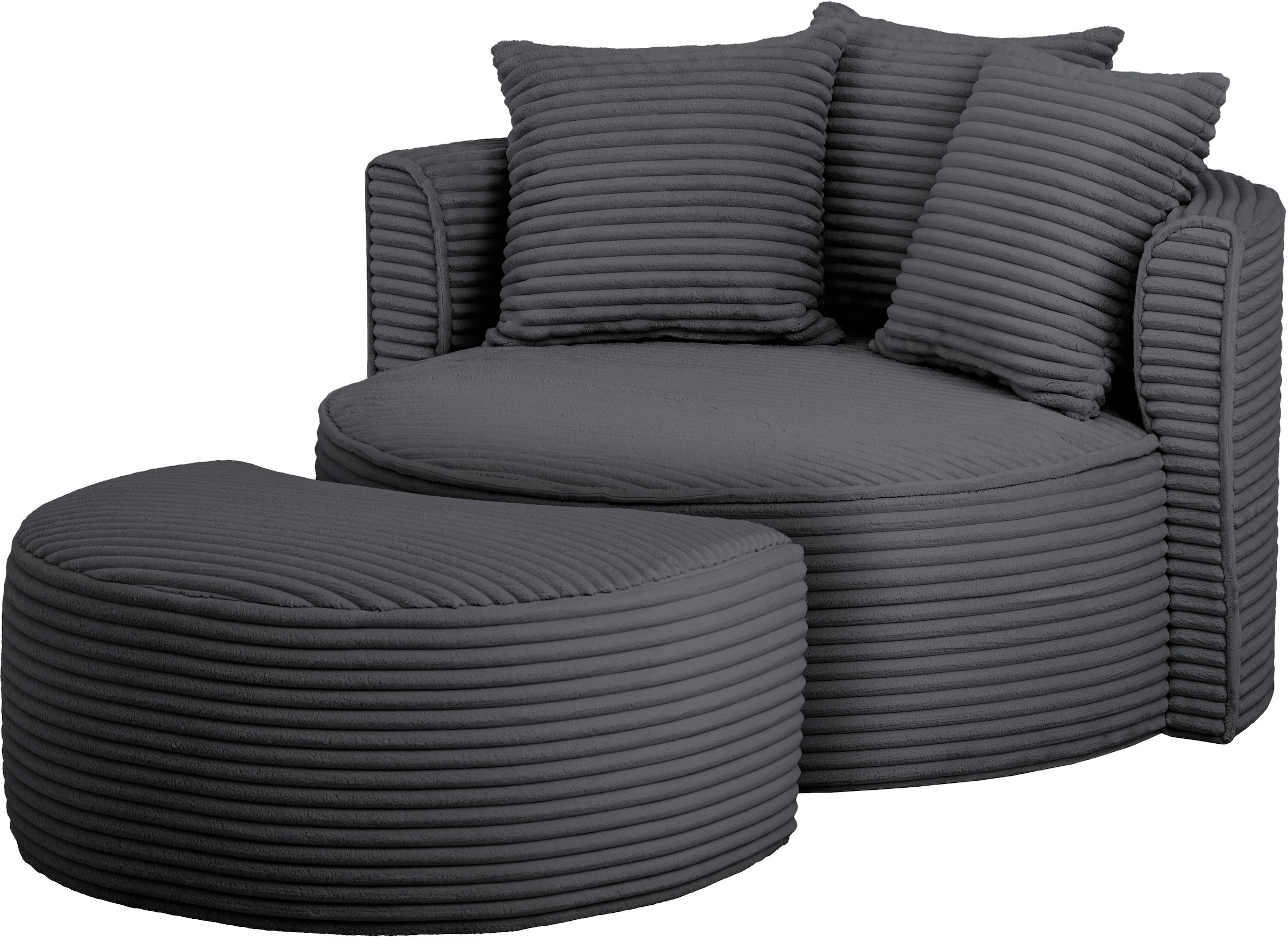 LeGer Home by Lena Gercke XXL-Sessel »Isalie, Rundsessel mit Hocker, Lesesessel, Loveseat, Big-Sessel«, (Set), trendige Stoffe, mit 3 Zierkissen, große Sitzfläche