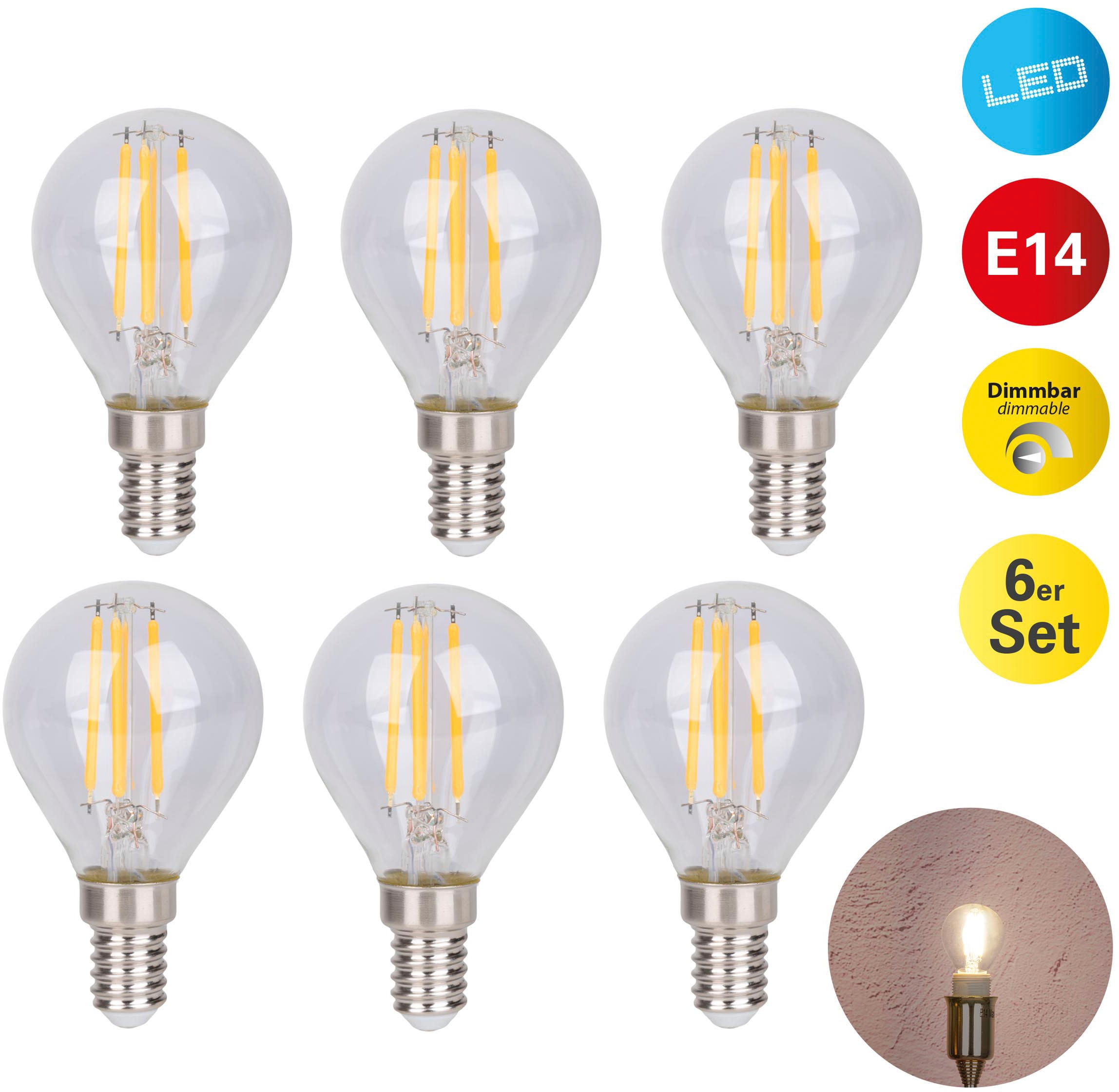 näve LED-Leuchtmittel »Daffy«, E14, 6 St., Warmweiß, 6er Set, dimmbar, 2700 günstig online kaufen