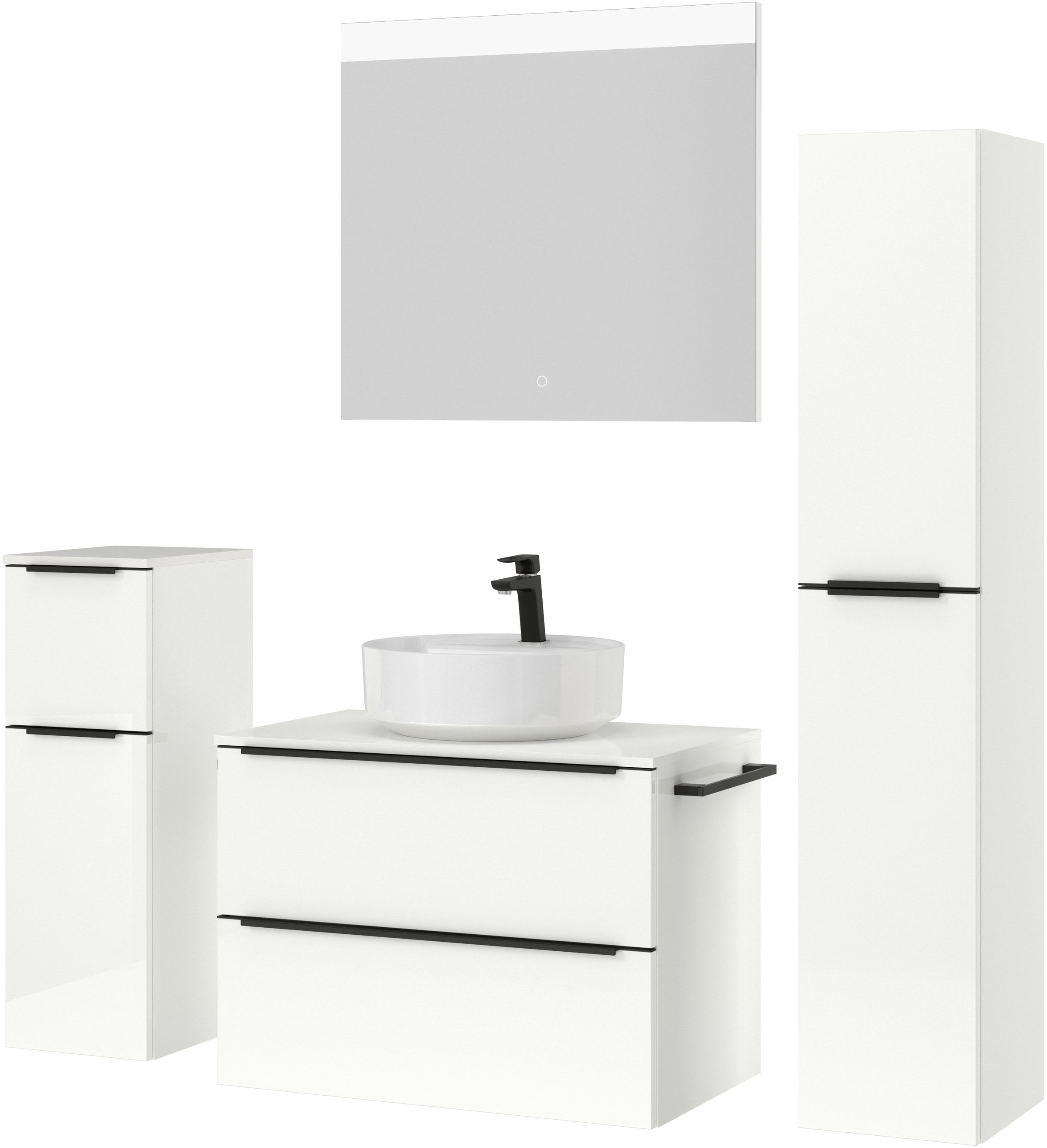 nobilia® Badmöbel-Set »Alvene«, (4 St., vormontiert, mit Soft-Close), Hochglanz, inkl. Spiegel mit Touch-Sensor, in vier Breiten