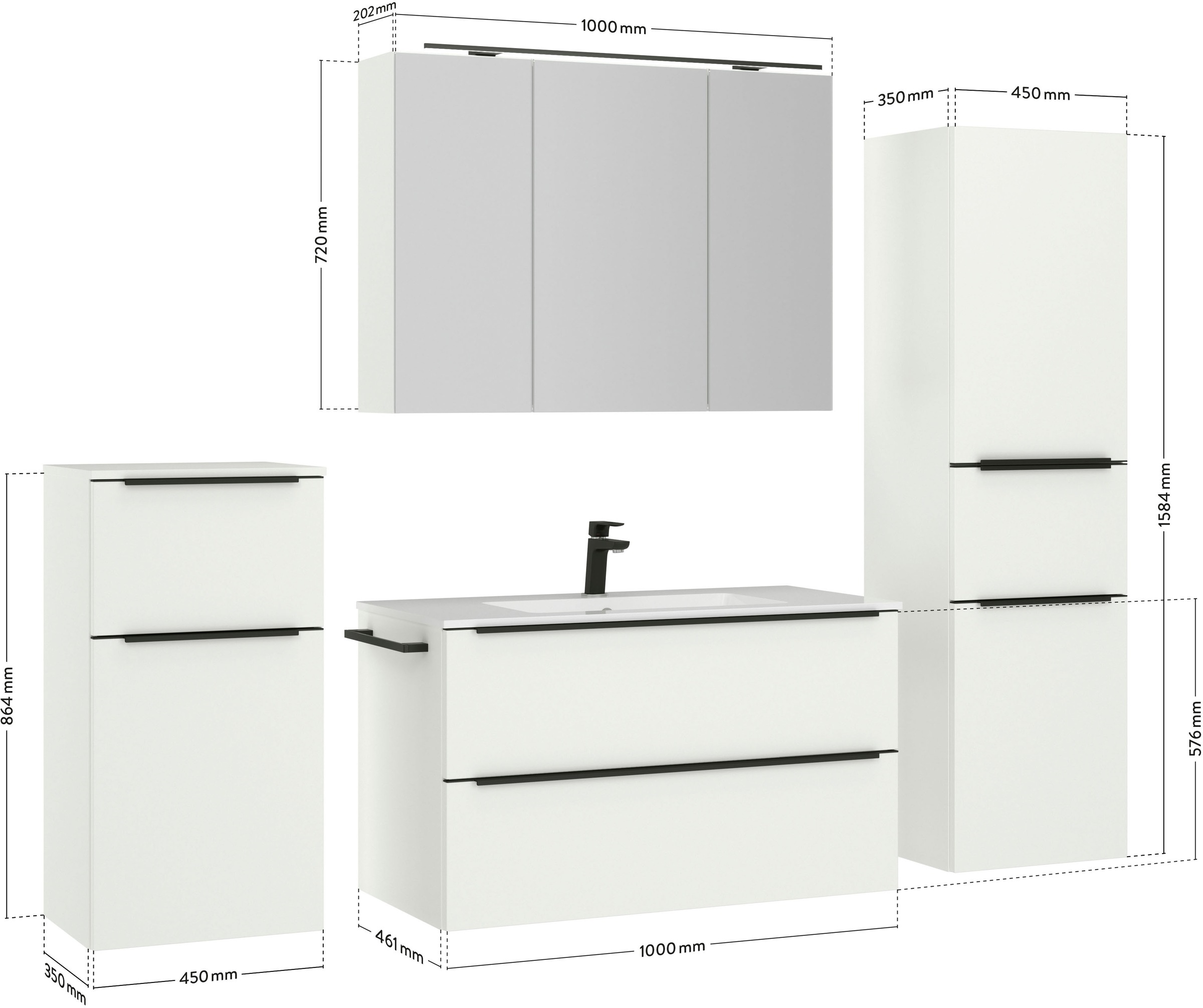 nobilia® Badmöbel-Set »Levere«, (4 St., vormontiert, mit Soft-Close), inkl. Spiegelschrank mit Beleuchtung und Dimmerfunktion, in 4 Breiten