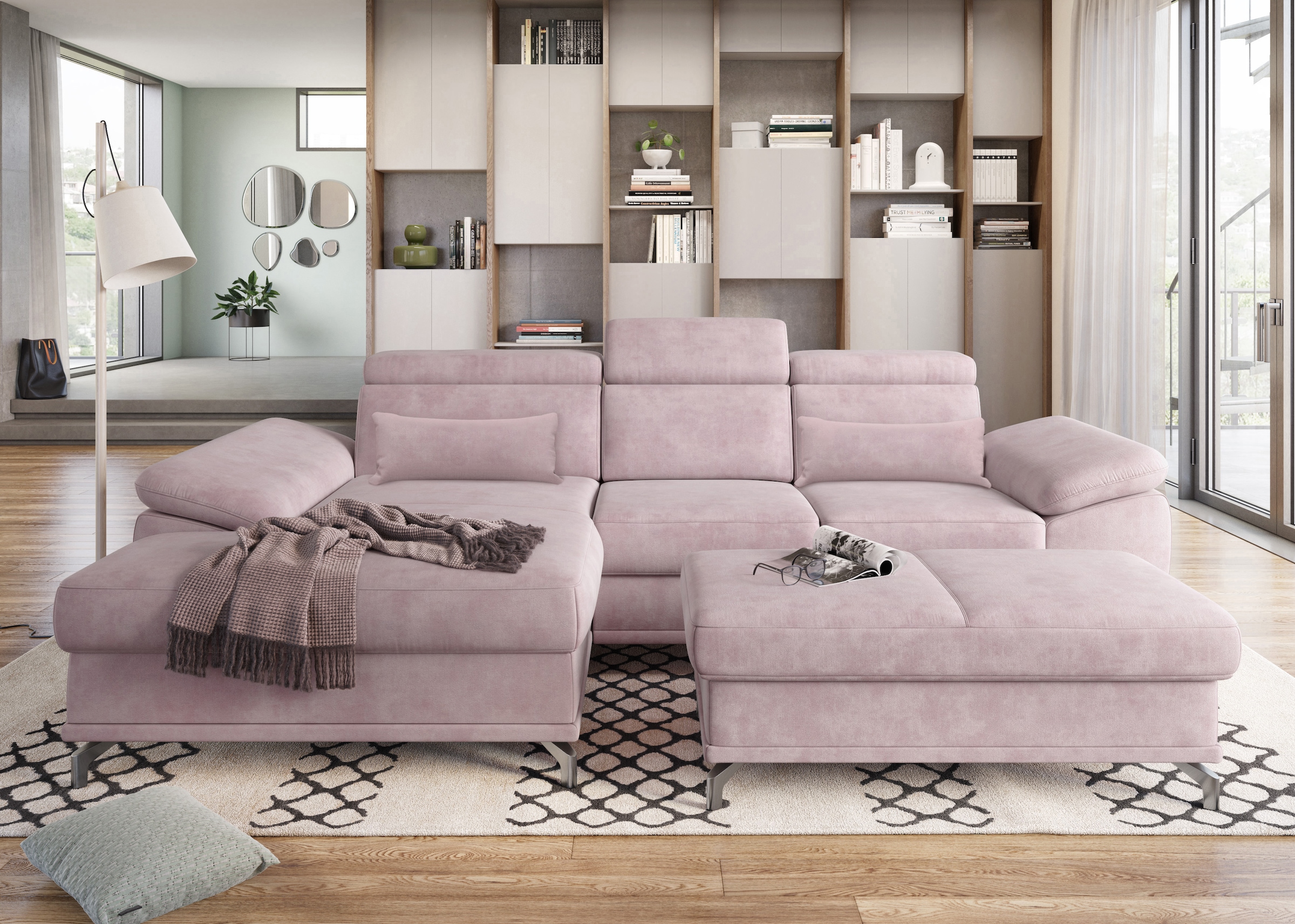 sit&more Ecksofa »Cabrio L-Form, mit Sitztiefenverstellung, Arm- und Kopfteilverstellung«, 2 Nierenkissen, Federkern, optional Bettfunktion und Stauraum