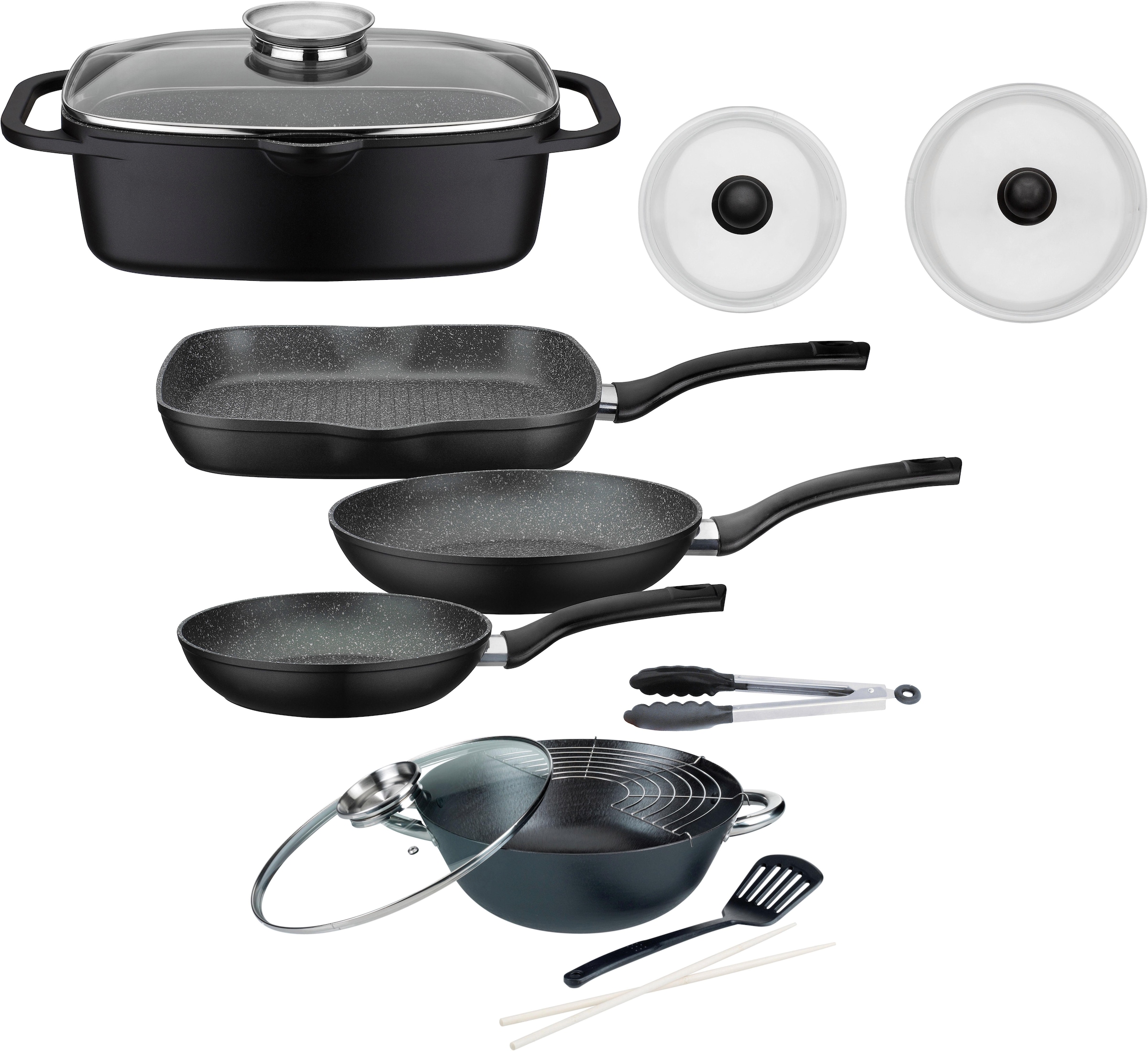 GSW Topf-Set »Gourmet«, Aluminiumguss, (Set, (3-tlg. tlg., Induktion Bräter, Glasdeckel, 8 1 2 kaufen Küchenzange), Pfannen-Set, 1 online 1 Wok