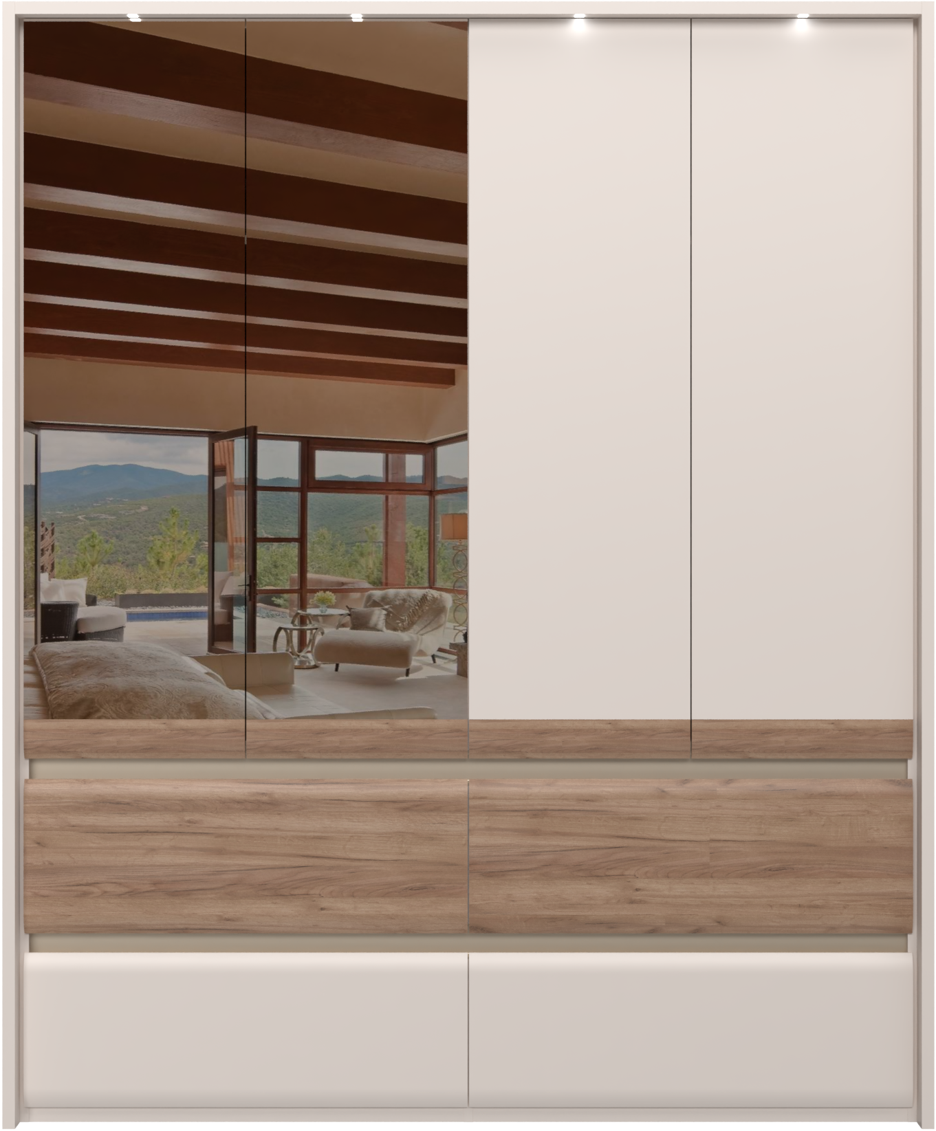 Places of Style Kleiderschrank »Invictus, UV lackiert, FSC-zertifiziert, grifflose Optik«, (abgerundete Schubladen aus MDF im Holzdekor, soft-close), mit Beleuchtung und Spiegel, in 4 Breiten, hoher Schrank (226cm)