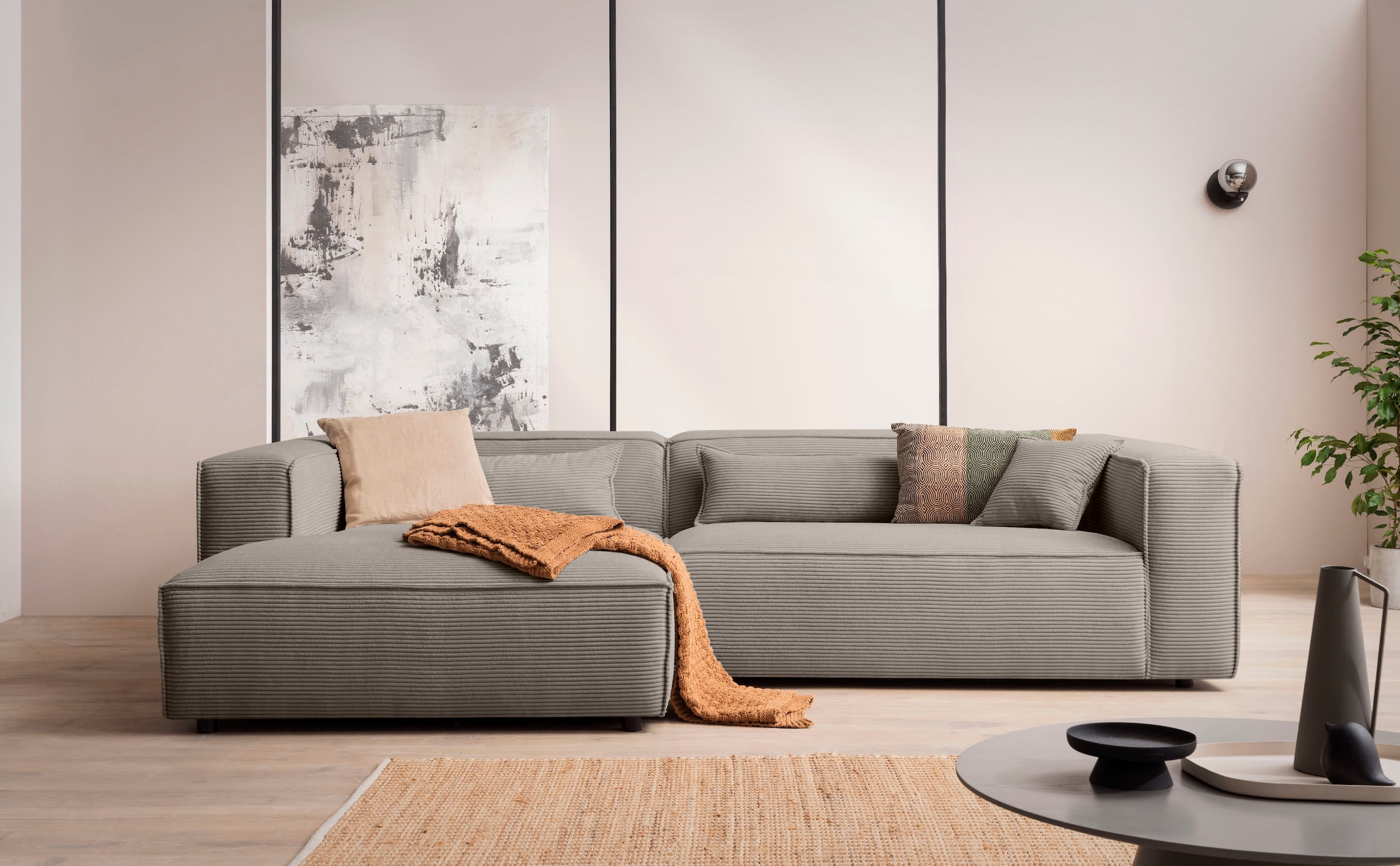 LeGer Home by Lena Gercke Ecksofa »PIARA XXL, Big-Sofa in Cord oder Leinenoptik, L-Form, mit Kedernaht«, wahlweise Ottomane rechts/links, schwarze Füße, bequemer Sitzkomfort