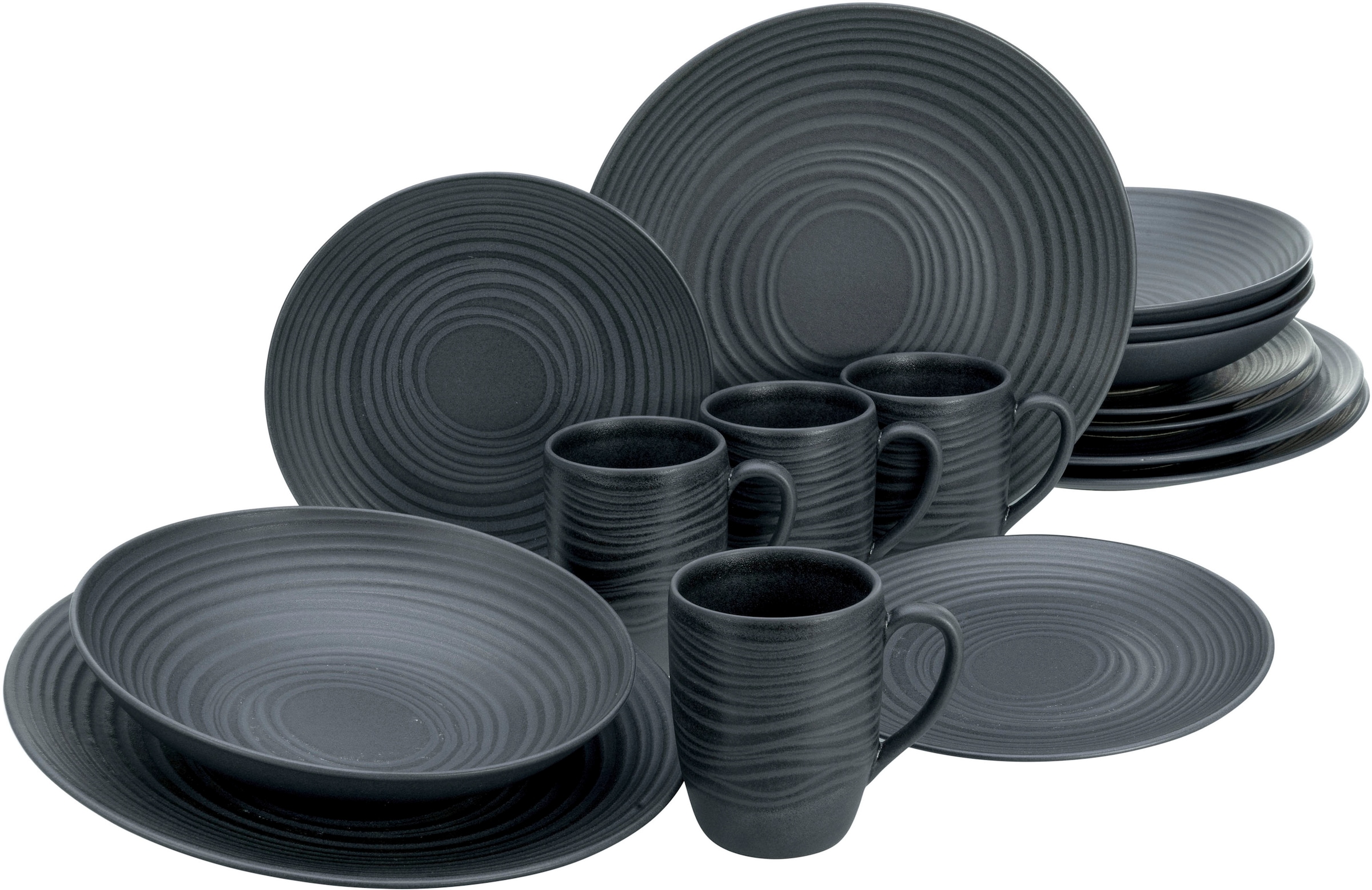 CreaTable Kombiservice »Geschirr-Set Lava Stone«, (Set, 16 tlg., Kaffeeservice und Tafelservice im Set, für 4 Personen), Service, schwarz, erhabenenes Relief, 16 Teile, für 4 Personen
