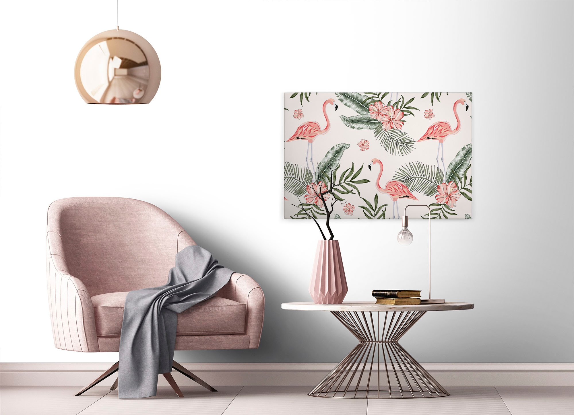 A.S. Création Leinwandbild »Tropical Vibes«, Kunst-Blumen-Kinder, (1 St.), Palmenblätter Flamingo Keilrahmen Leinwand-Bild Wohnzimmer modern Wand