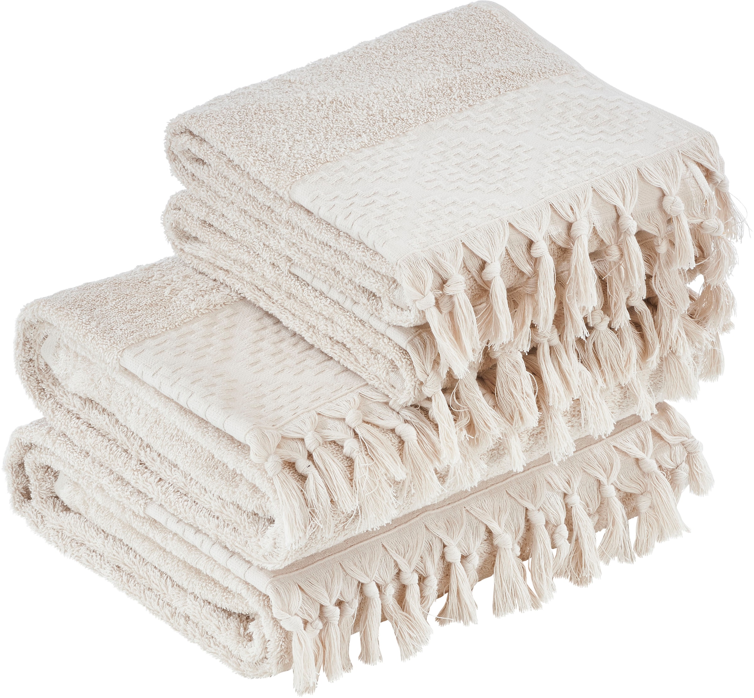 done.® Handtuch Set »Provence Bohéme«, (Set, 4 St., 2 Gästetücher (30x50 cm)-2 Handtücher (50x100 cm), Uni Farben, Boho-Style, Borte, verschiedene Set Varianten erhältlich