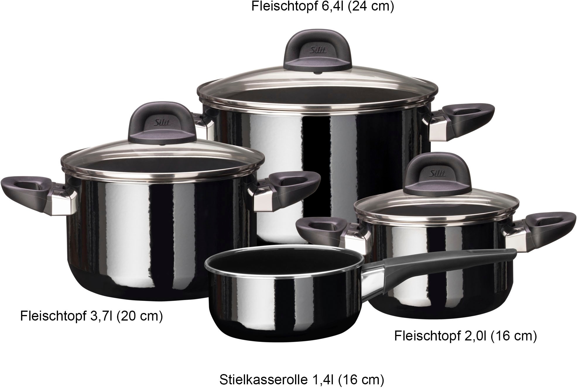 Silit Topf-Set »Modesto Line Black, Induktionstöpfe spülmaschinengeeignet«, Silargan®, (Set, 7 tlg., je 1 Fleischtopf mit Deckel Ø 16/20/24 cm, 1x Stielkasserolle Ø 16 cm), für alle gängigen Herdarten geeignet, Made in Germany