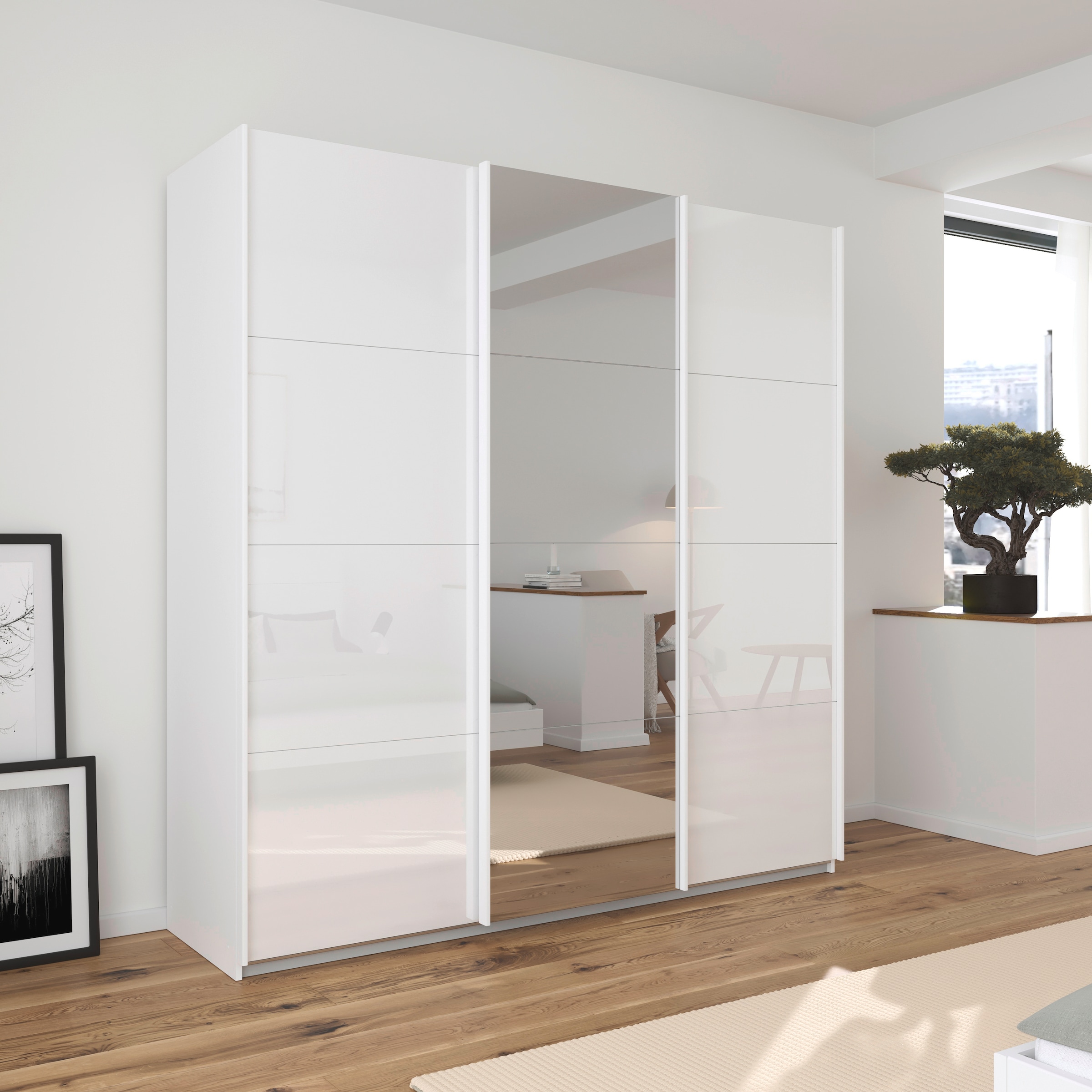 OTTO home Schwebetürenschrank »Kleiderschrank Kleiderschränke Schrank Garderobe AGORDO mit Glasfront« Breiten 203/271/315/360 cm, Höhen 210/229 cm,  durchdachte Innenausstattung, in 4 Breiten und 2 Höhen MADE IN GERMANY