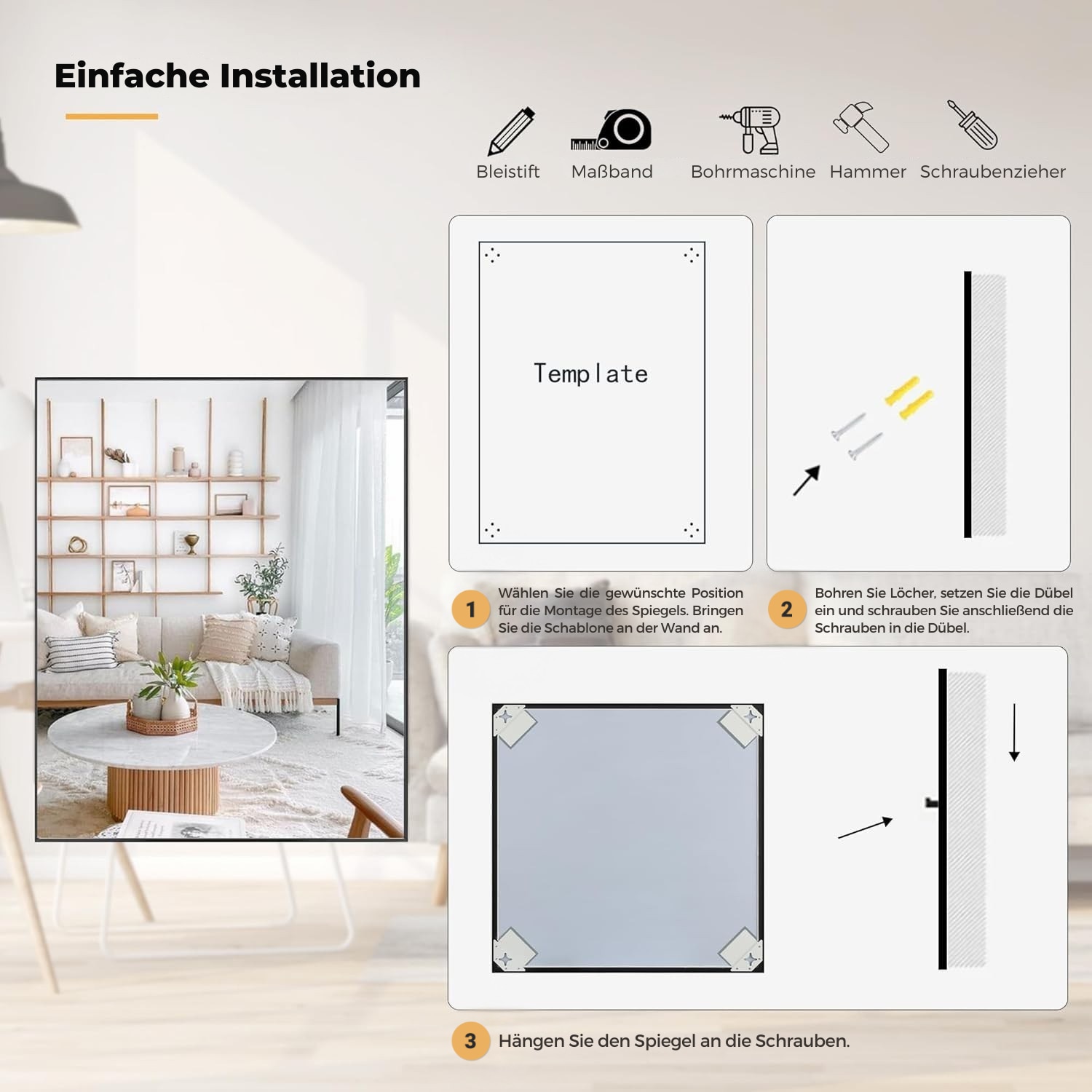 Loevschall Wandspiegel »Rechteckige Spiegel mit schwarzem Alurahmen, wendbar, einfache Montage«, (2 Größen - 51x76 / 61x76 cm, vertikal und horizontal möglich, Schwarz), Spiegel für Schlafzimmer, Wohnzimmer, Garderobe, Flur und Badezimmer