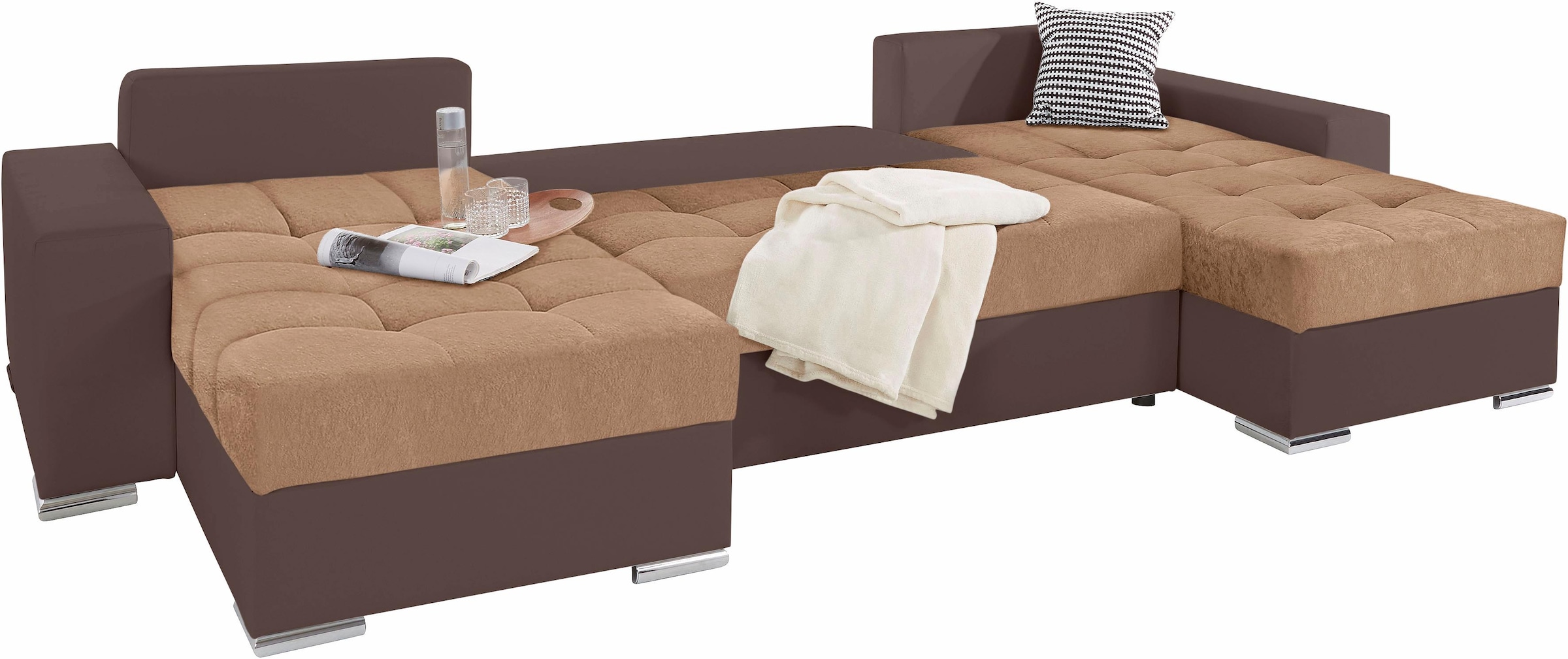 COLLECTION AB Wohnlandschaft »XL-Josy U-Form, Breite 313 cm, Kunstleder-Mix, Microfaser«, inkl. Bettfunktion, Bettkasten, mit 4 gleich großen Rückenkissen
