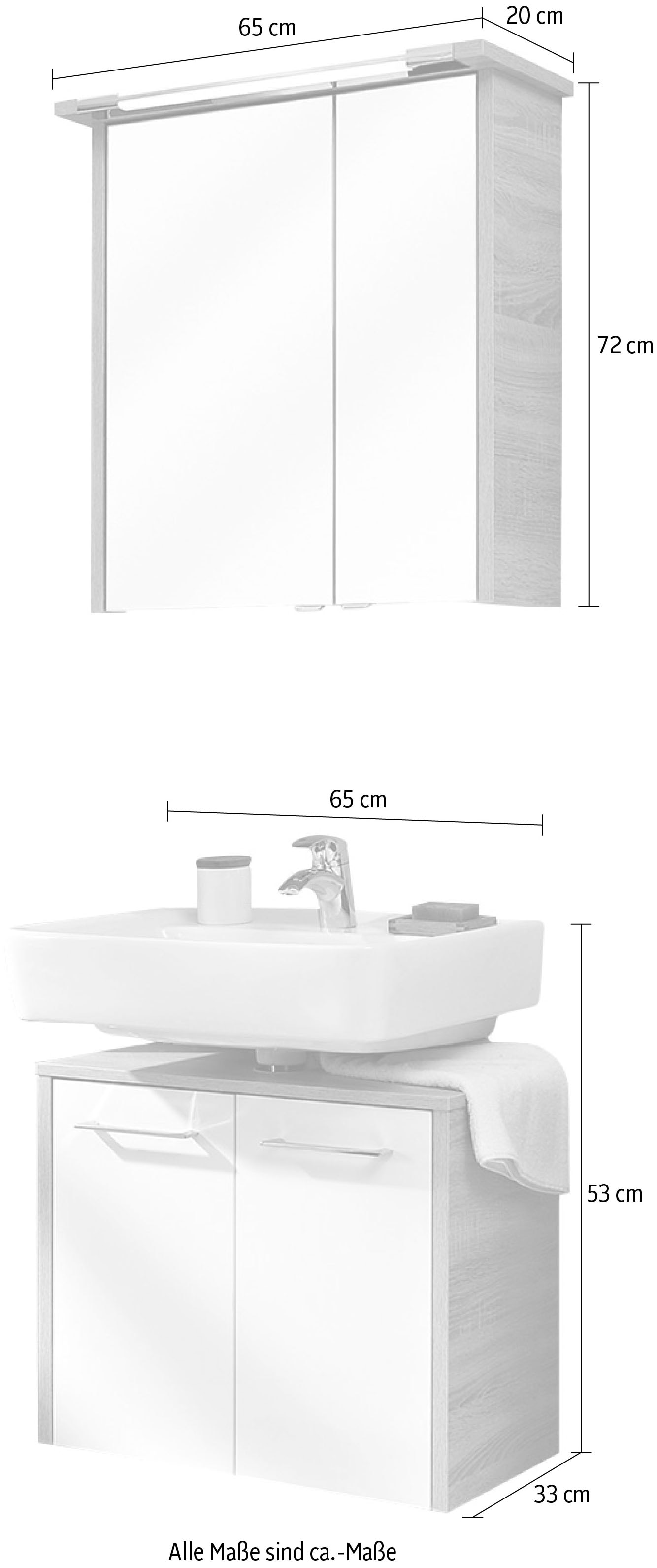 Saphir Badmöbel-Set »Quickset 382 2-teilig, Waschbeckenunterschrank mit LED-Spiegelschrank«, (2 St.), 65 cm breit, inkl. Türdämpfer, 4 Türen, 2 Einlegeböden, Bad-Set