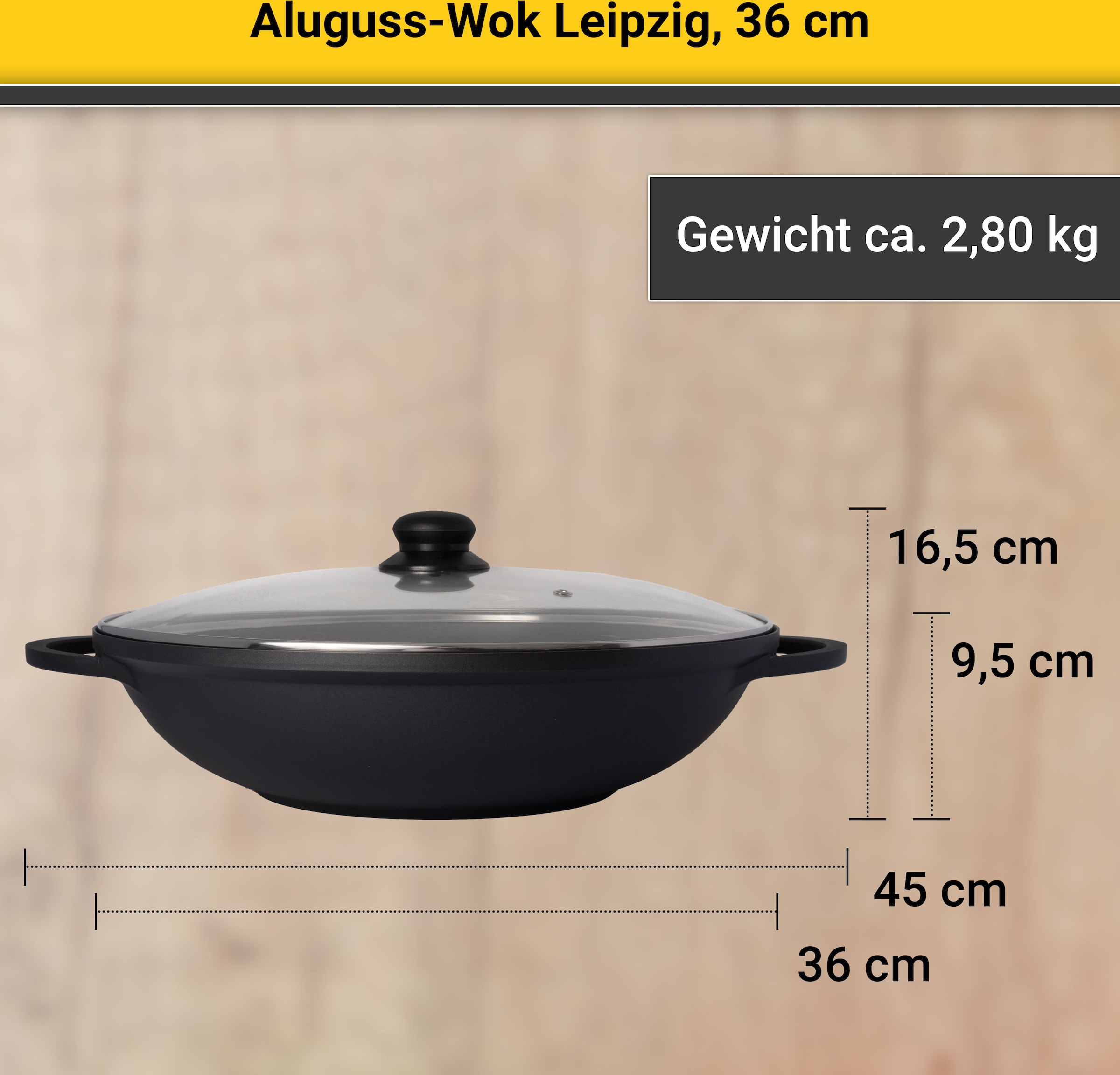 Krüger Wok »Aluguss Wok mit Glasdeckel LEIPZIG, 36 cm«, Aluminiumguss, (1 tlg.), hochwertige Antihaft-Versiegelung