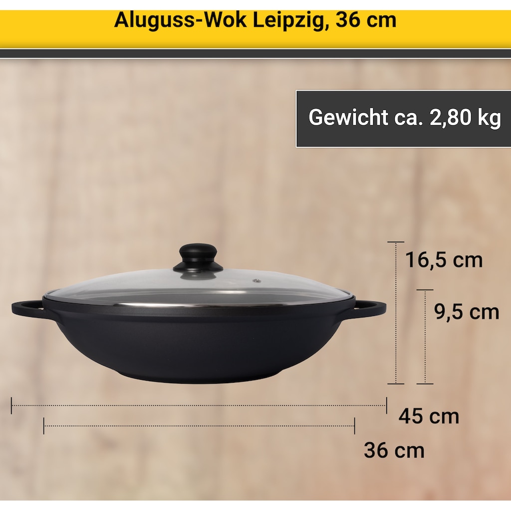 Krüger Wok »Aluguss Wok mit Glasdeckel LEIPZIG, 36 cm«, Aluminiumguss, (1 tlg.)