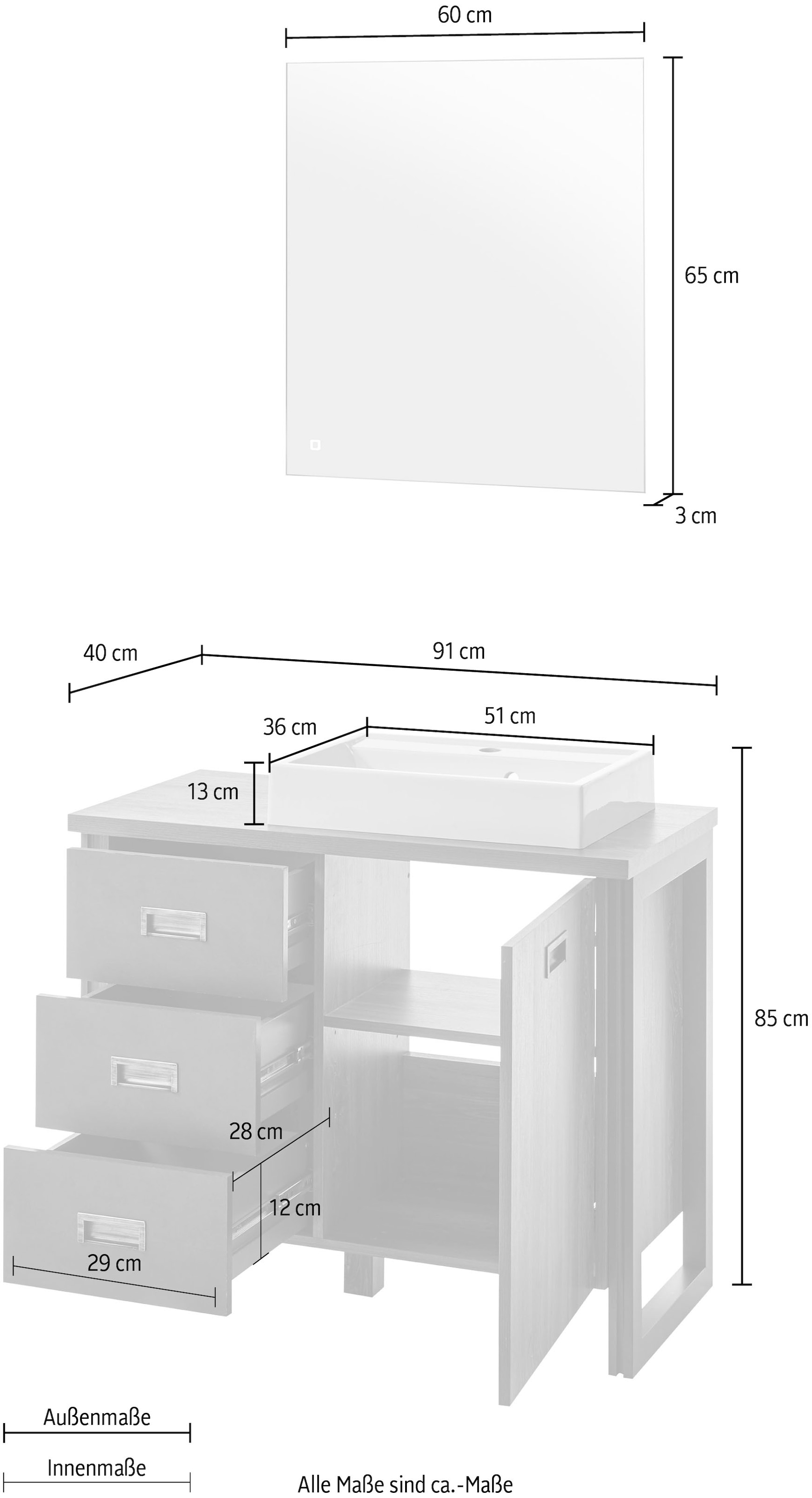 Home affaire Badmöbel-Set »Detroit, Bad im Industrialdesign, inkl. LED, 2-teiliges Badezimmer«, (2 St.), Waschtisch und Spiegel, inkl. Aufsatzwaschbecken aus Mineralguss
