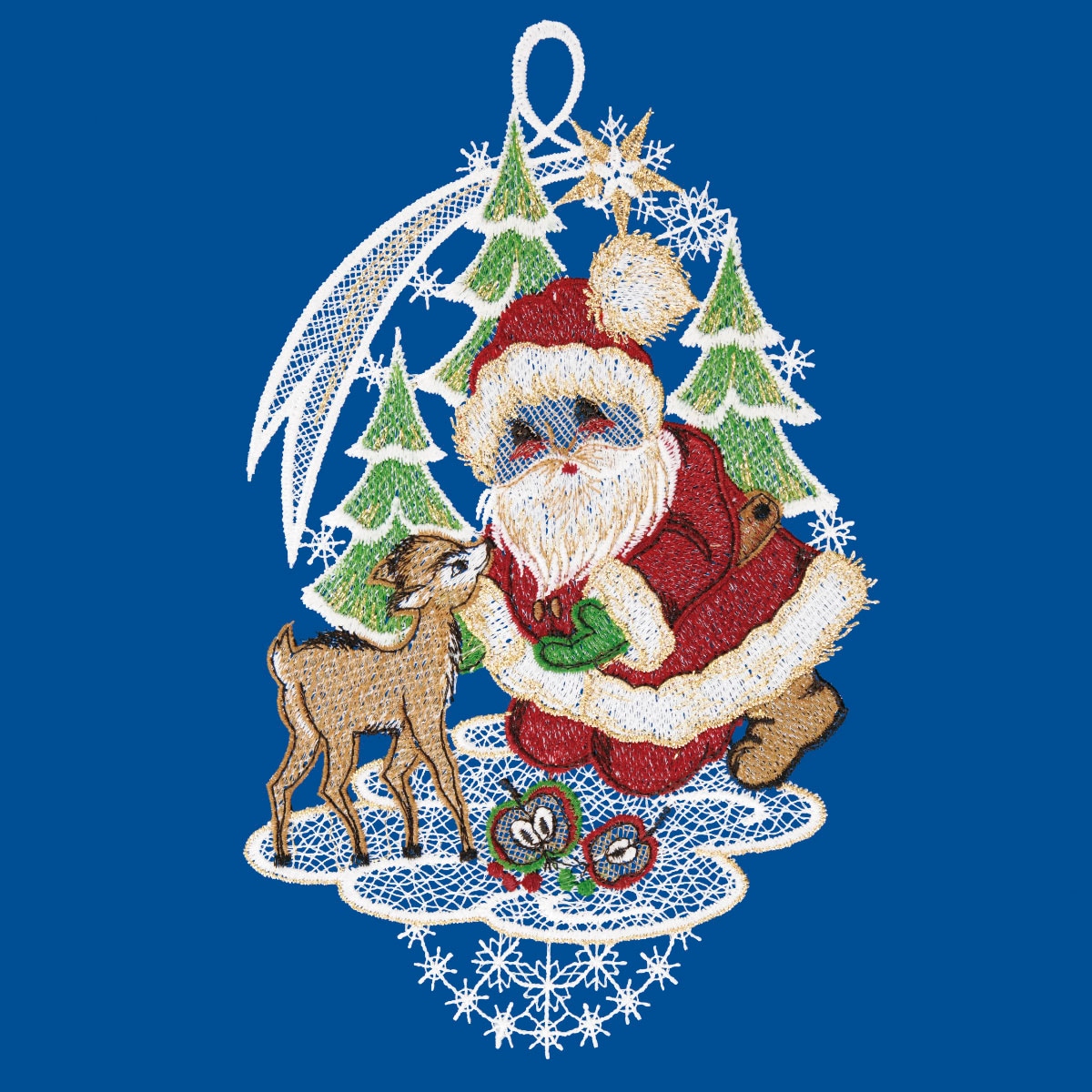W. Reuter & Sohn - Plauener Spitze® Fensterbild »Weihnachtsmann mit Rehkitz«, Made in Germany