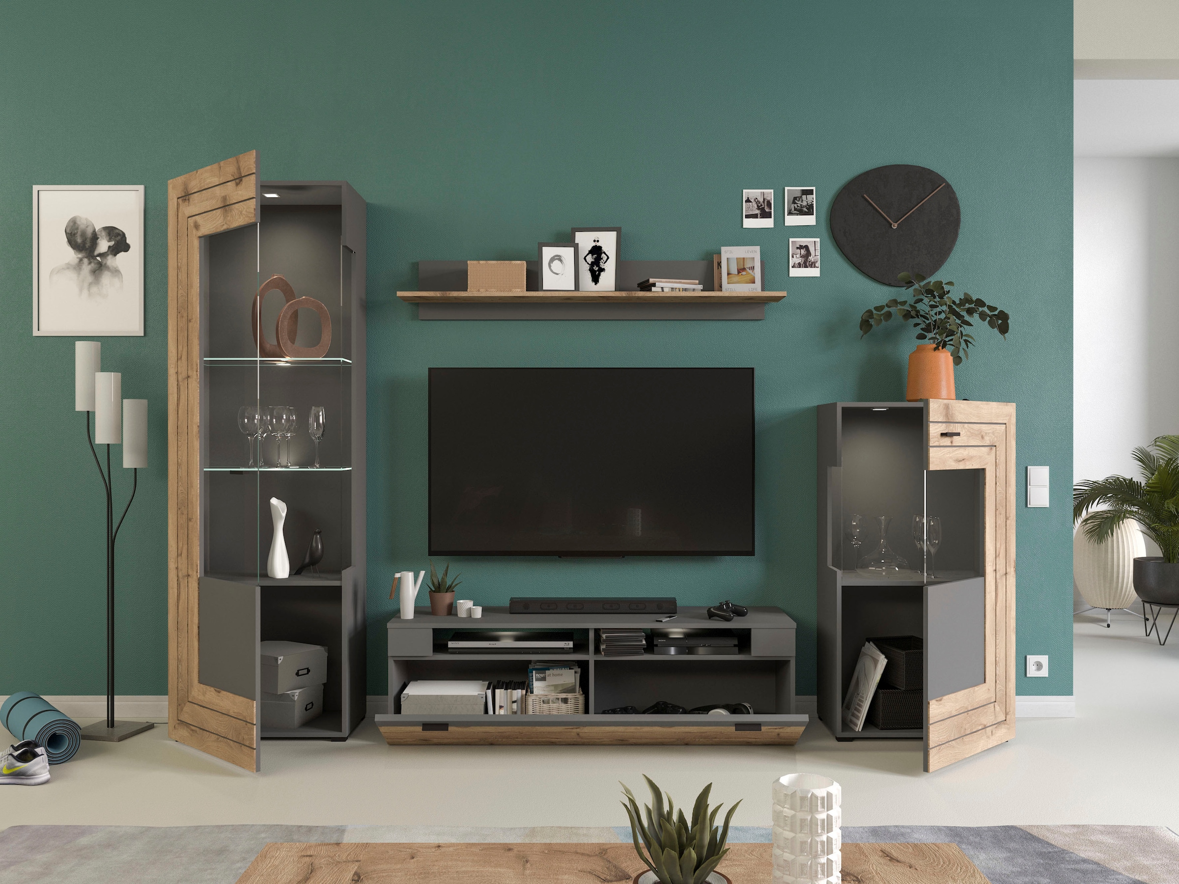 INOSIGN Wohnwand »Aalborg, Breite 290cm, 2-farbig,Metallgriffe, 4-teilig, bestehend aus:«, (4 St.), 1x Vitrine, 1x Lowboard, 1x Wandboard und 1x Stauraumschrank
