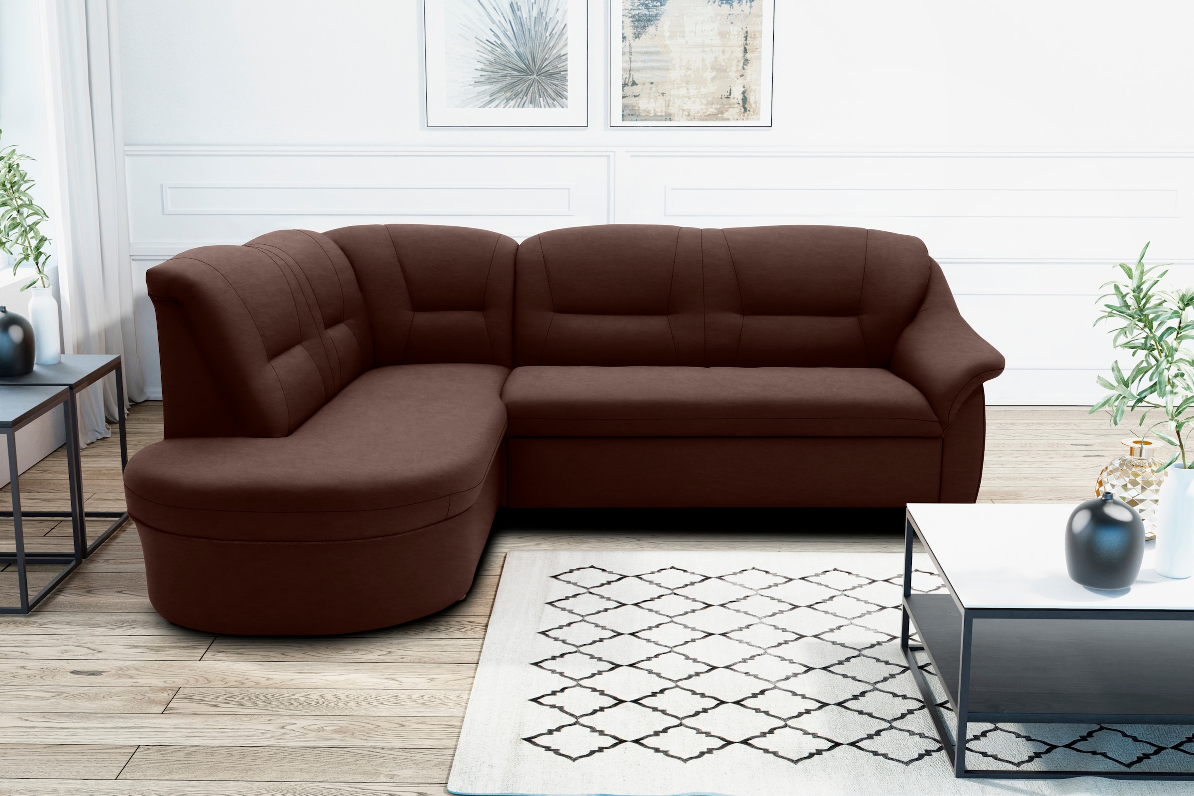 DOMO collection Ecksofa »Faenza für kleine Räume, Stellmaße 232,176cm, komfortabel, L-Form«, mit Ottomane, zeitlos, elegante Armlehnen, wahlweise mit Bettfunktion