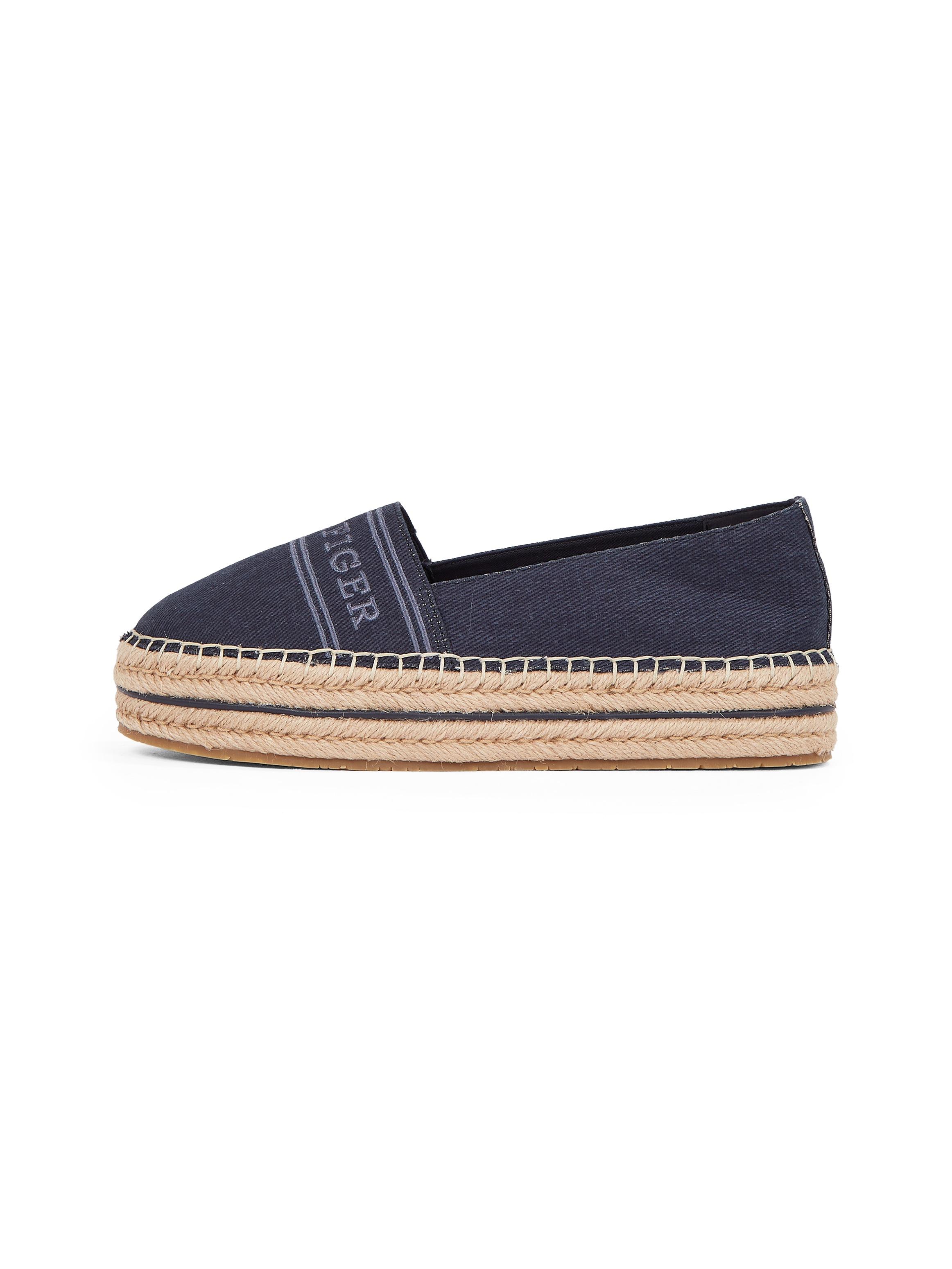 Tommy Hilfiger Espadrille »DENIM PLATFORM ESPADRILLE«, Plateau, Slipper, Schlupfschuh, Bequemschuh mit Bastbezug am Plateau