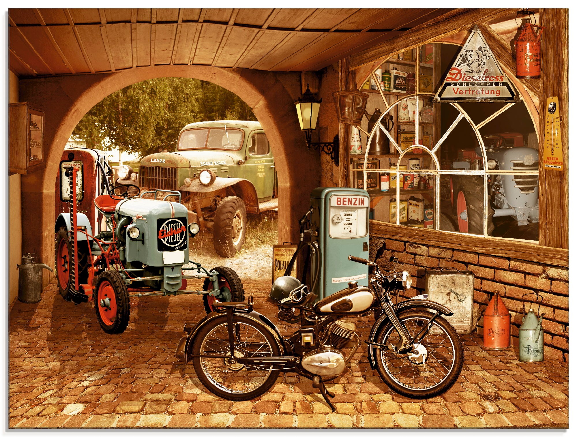 Artland Glasbild »Werkstatt mit Traktor und Motorrad«, Traktoren, (1 St.), günstig online kaufen