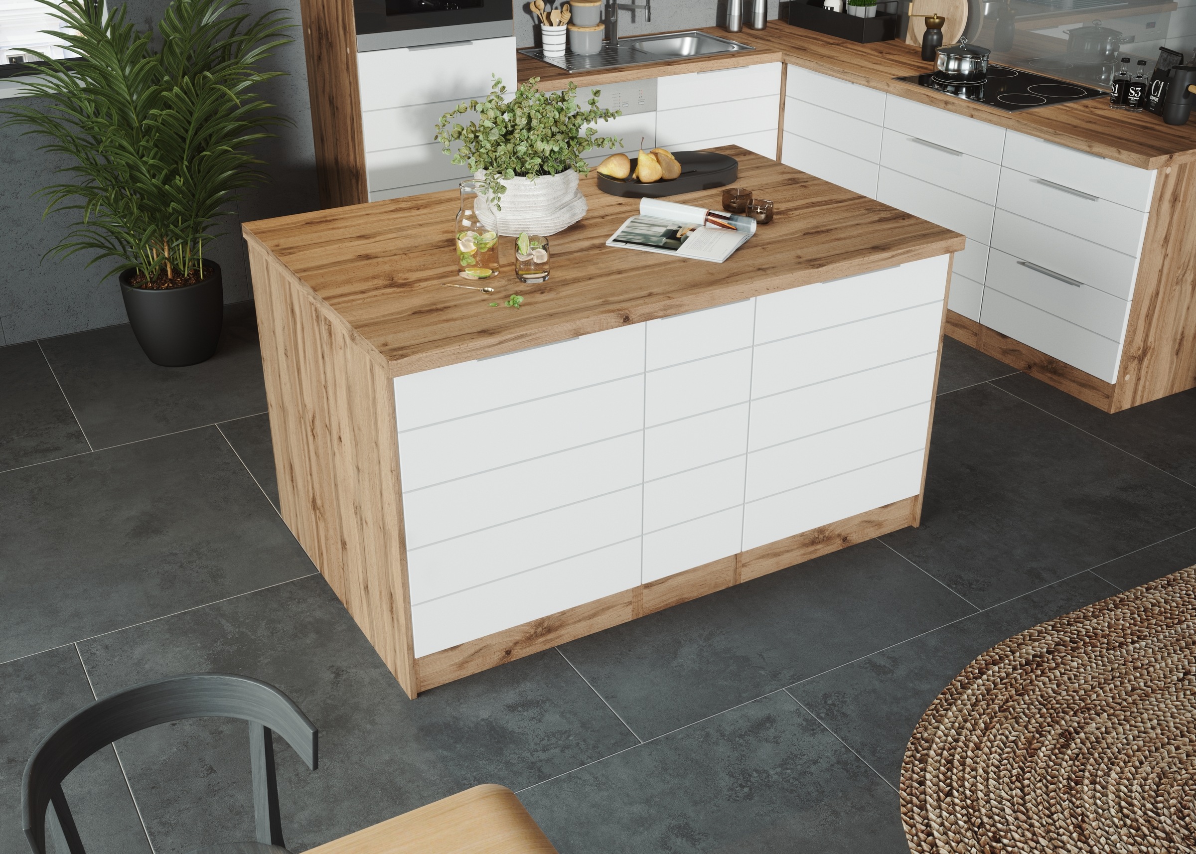 KOCHSTATION Kücheninsel »KS-Luhe, Breite 153 cm, mit Flaschenregal«, MDF-Fronten, Arbeitsplatte 38mm stark