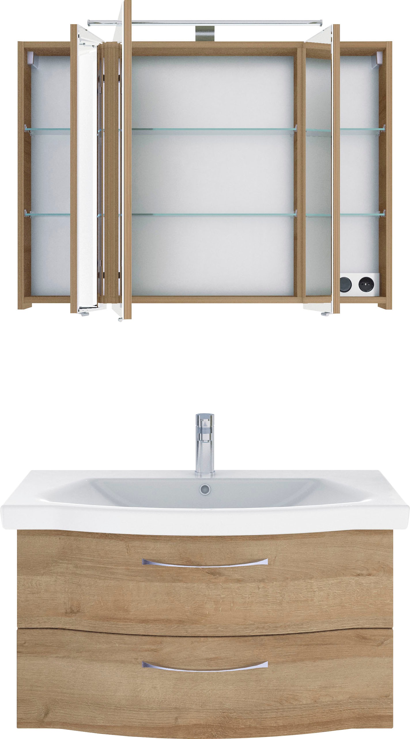 Saphir Badmöbel-Set »6005 Sprint 2-teilig, Keramik-Waschtisch mit LED-Spiegelschrank«, (2 St.), Waschplatz 98 cm breit, inkl. Türdämpfer, 3 Türen, 2 Schubladen