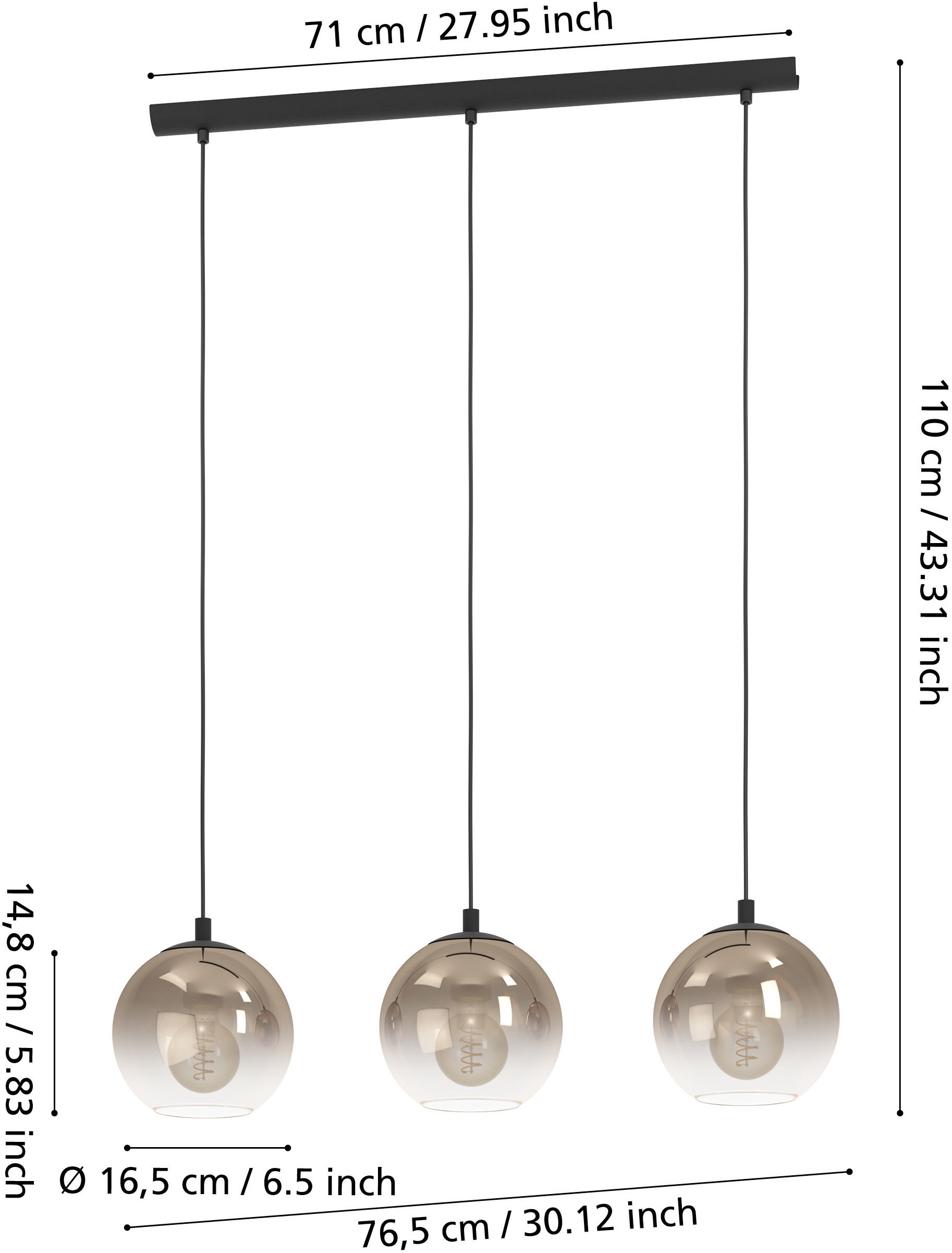 EGLO Hängeleuchte »ARISCANI 1 Pendellampe - Stahl - E27 - 3X60W - IP20« E27 1 Stk. Hängelampe, Deckenlampe, Wohnzimmer, Esszimmer, L76,5 x B16,5 x H110cm