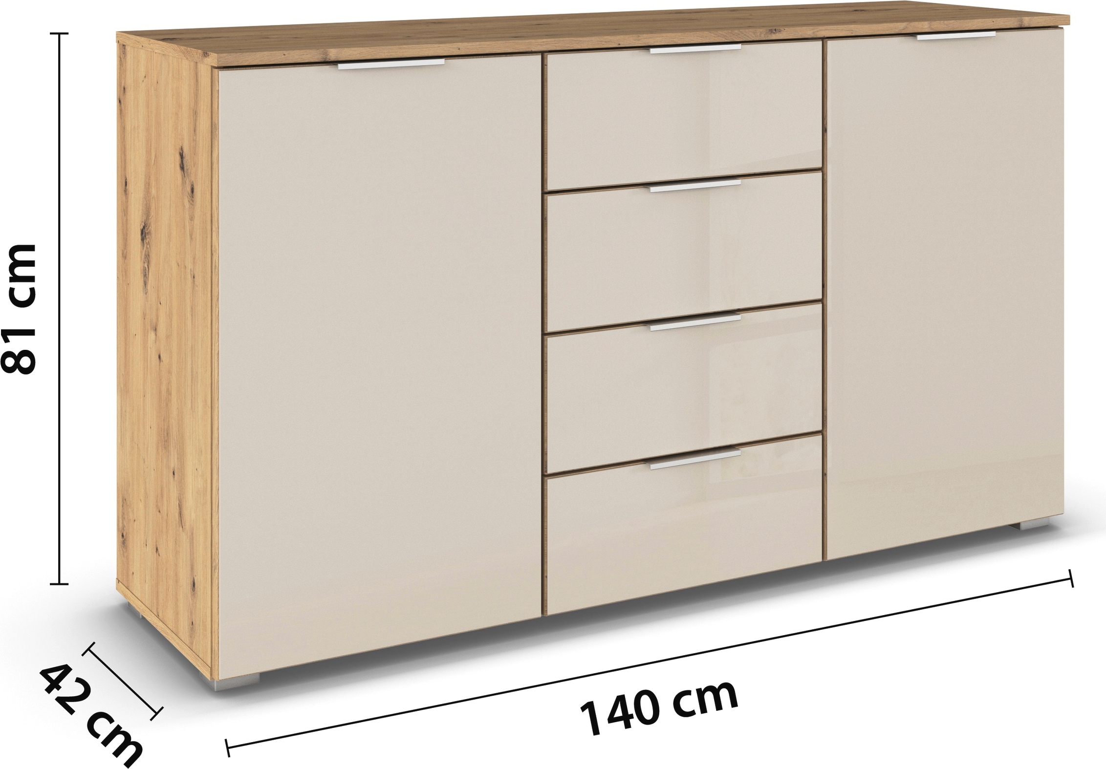 rauch Kombikommode »Sideboard Kombikommode Schubladenkommode AGORDO mit Glasfront«, (in zwei Griff-Farben), mit 4 Schubkästen und 2 Türen sowie Metallgriffen MADE IN GERMANY