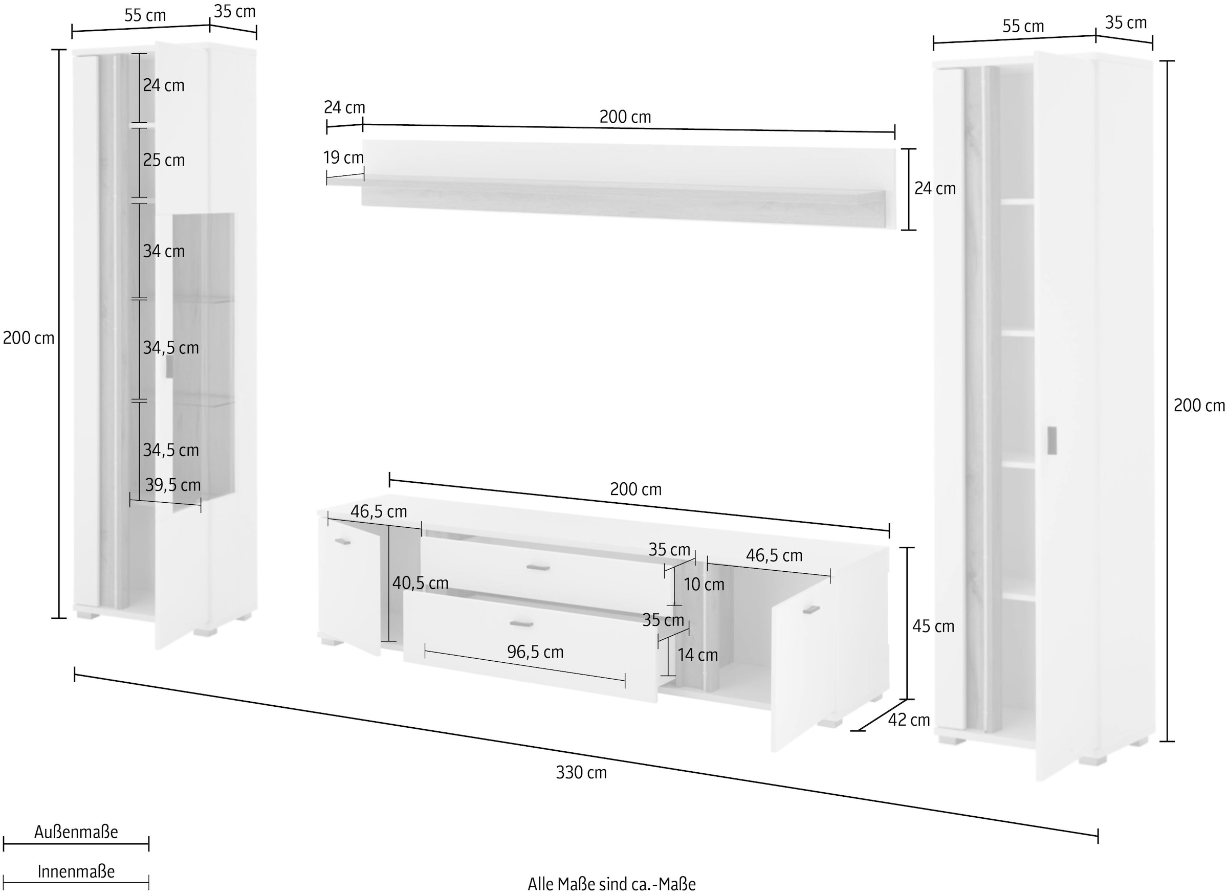 INOSIGN Wohnwand »LONG ISLAND«, (Set, 4 St.), in moderner Trendfarbe,inklusive senkrechter Beleuchtung,Breite 330 cm