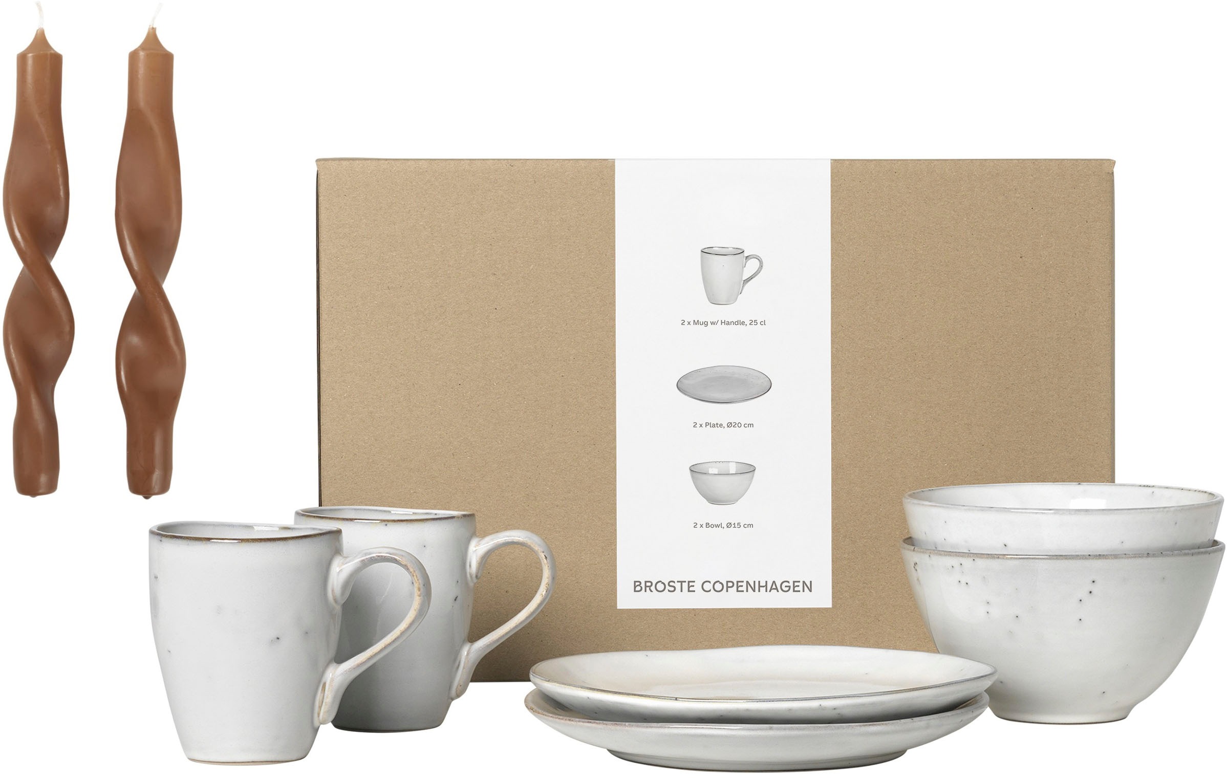 Broste Copenhagen Frühstücks-Geschirrset »Nordic Sand, inklusive 1 Packung Twist Kerzen«, (Set, 7 tlg.), Beliebte Geschirr Sets Exclusiv mit Geschenk