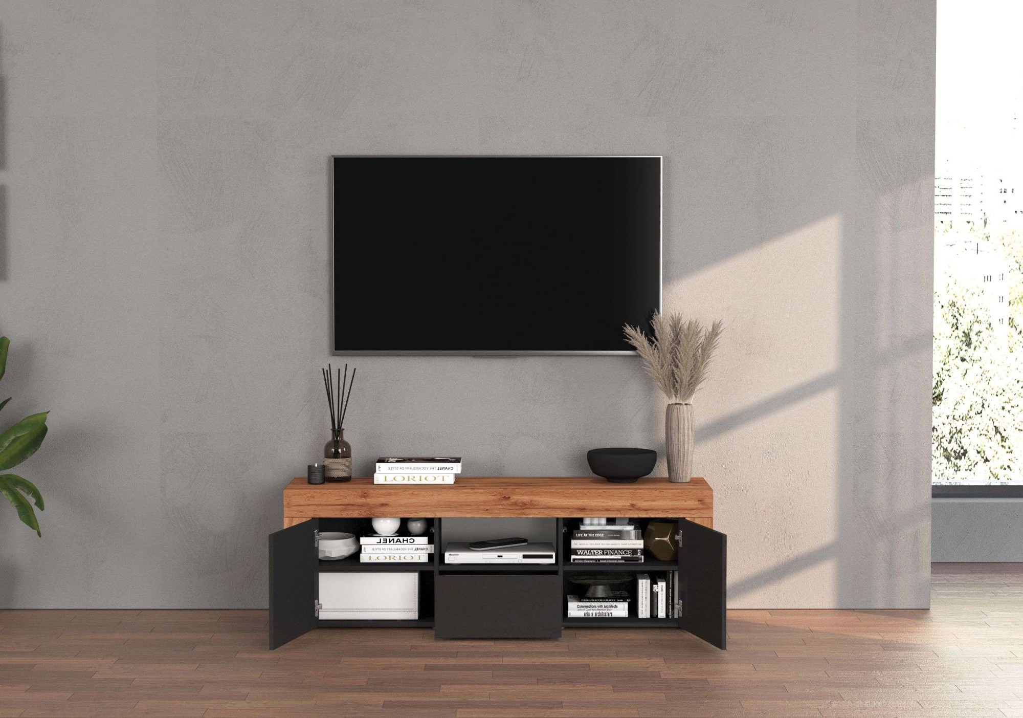 INOSIGN Lowboard »CHRONOS Breite 155 cm mit 2 Türen, 1 Schublade,1 offenes Fach«, (1 St.), TV-Board, Sideboard niedrig, Grifflos mit Push to Open 'Made in Italy'