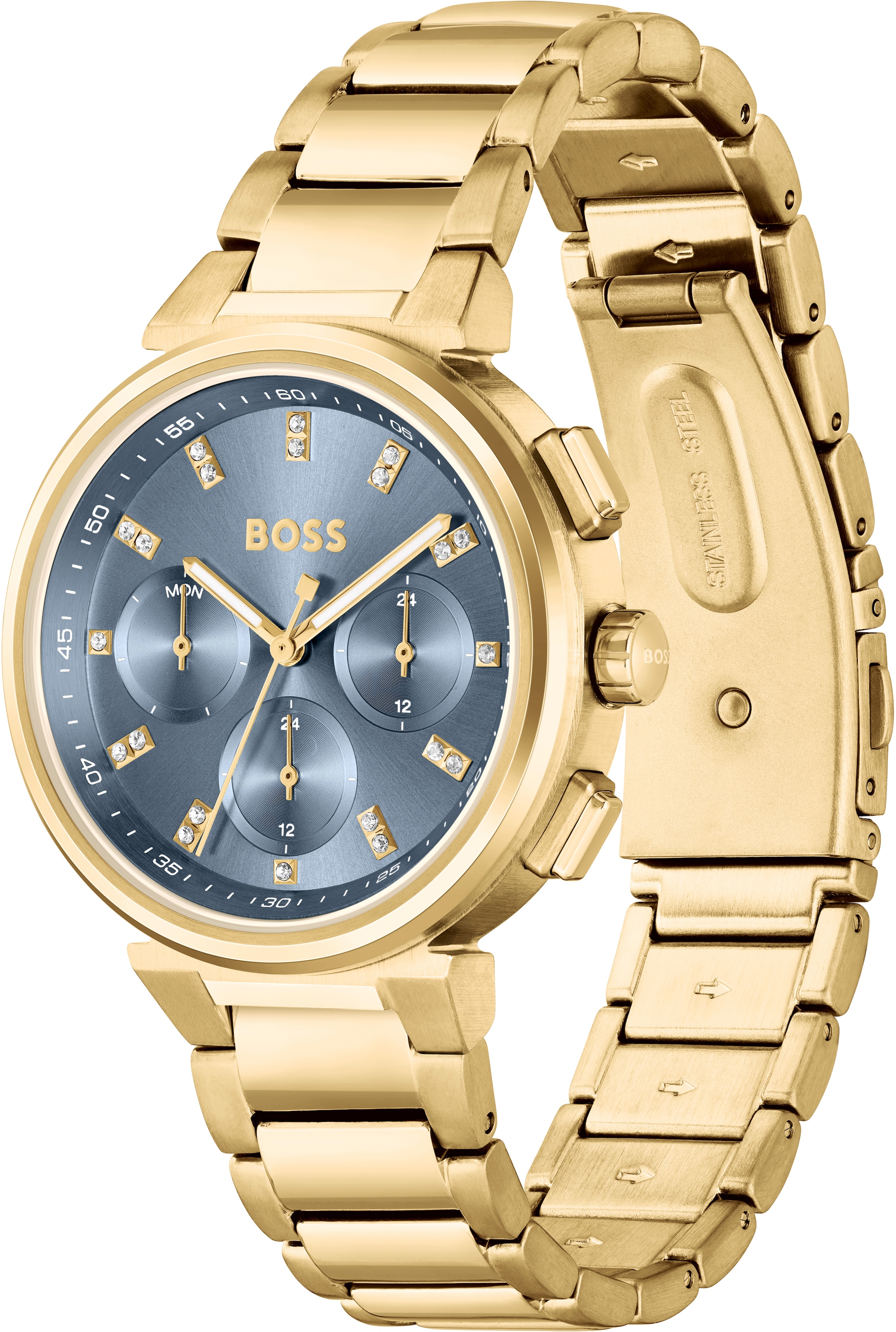 BOSS Multifunktionsuhr »ONE«, Quarzuhr, Damenuhr, Armbanduhr, Glaskristalle, Edelstahlarmband