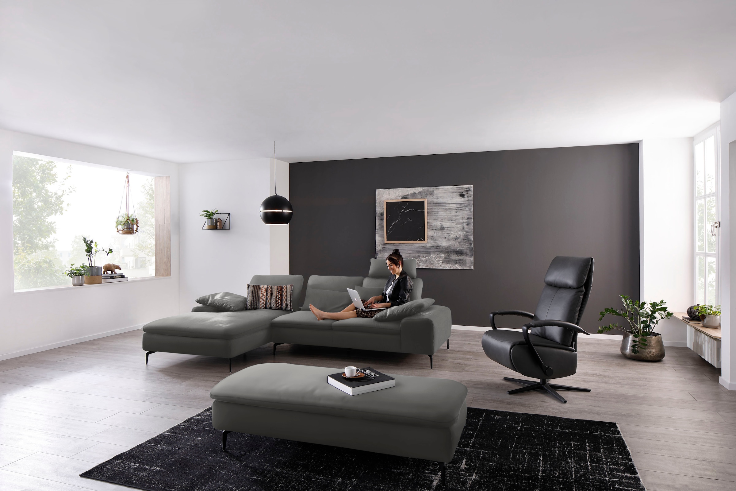 W.SCHILLIG Ecksofa »valentinoo, Designsofa, bequem, elegant und zeitlos, L-Form«, (Set), inklusive Hocker, mit Sitztiefenverstellung, Breite 299 cm